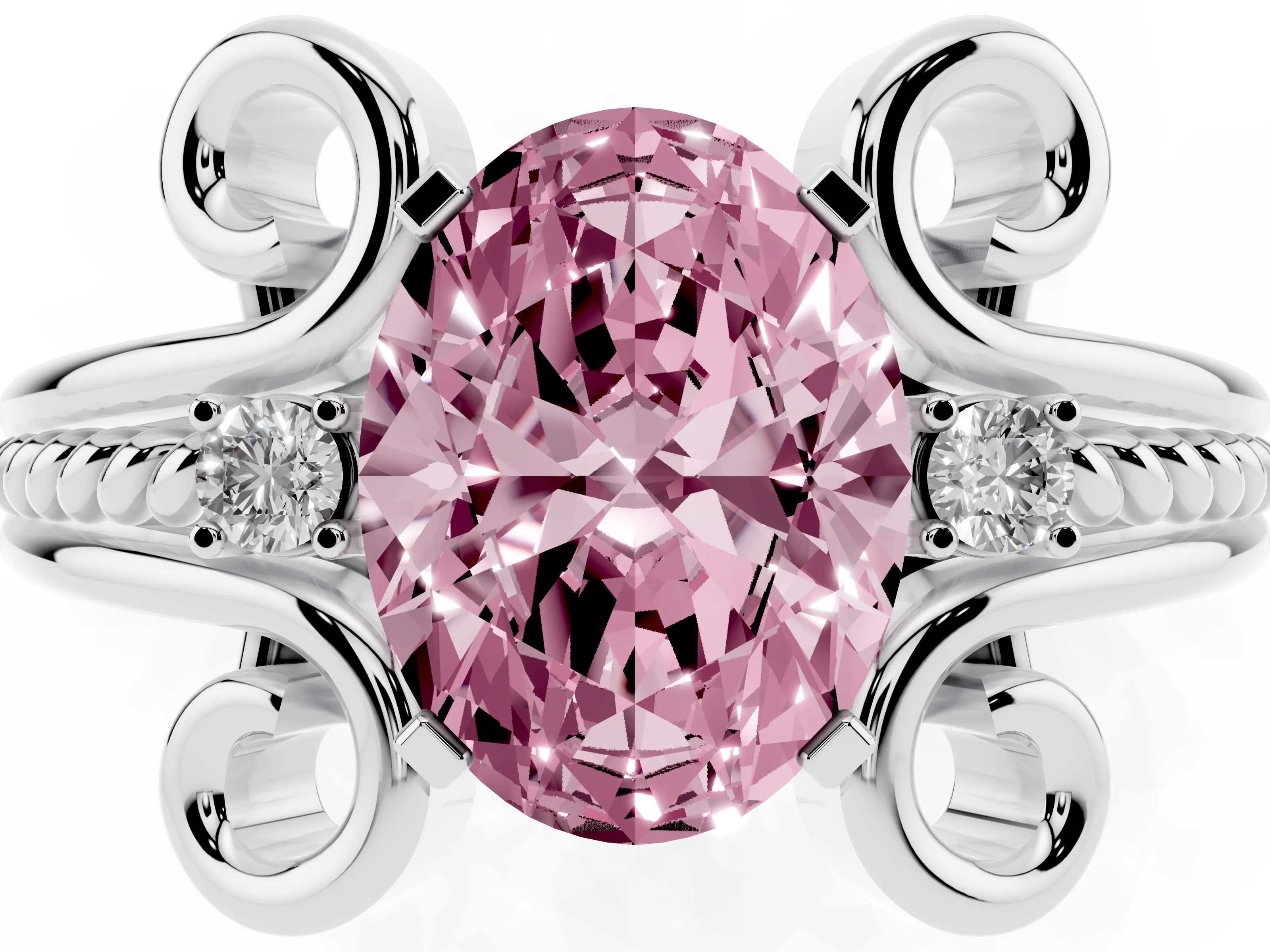 Fancy Pink Oval Cut Diamond Twisted Band Solitaire Ring Set in Platinum with Scroll Prongs