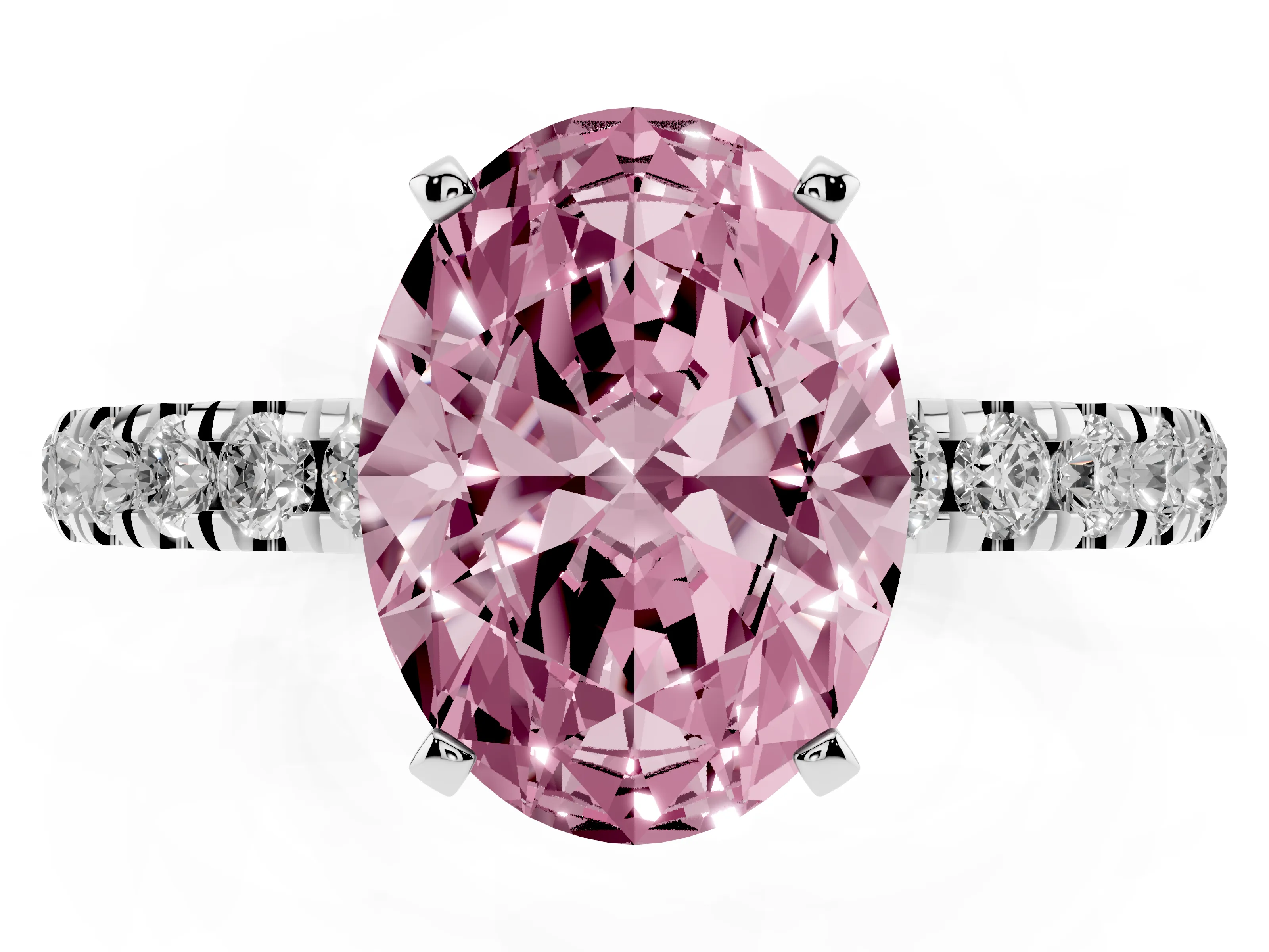Fancy Pink Oval Cut Diamond Solitaire Ring Set in Platinum with Pavé Accents and Prong Setting