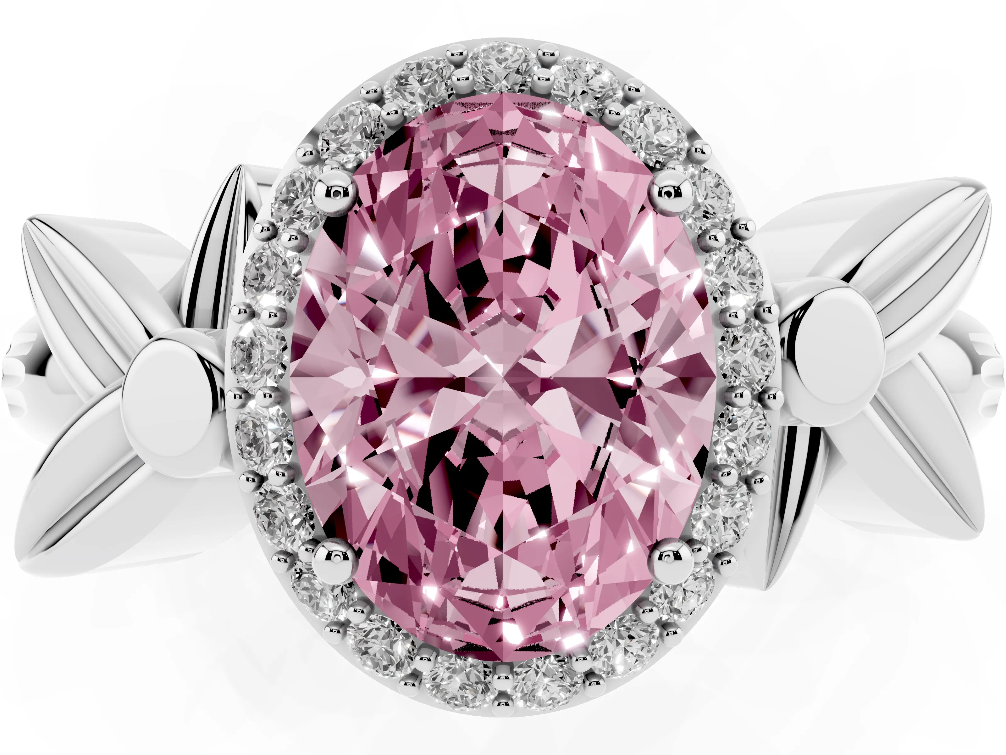 Fancy Pink Oval Cut Diamond Halo Floral Band Ring Set in Platinum with Prong Setting