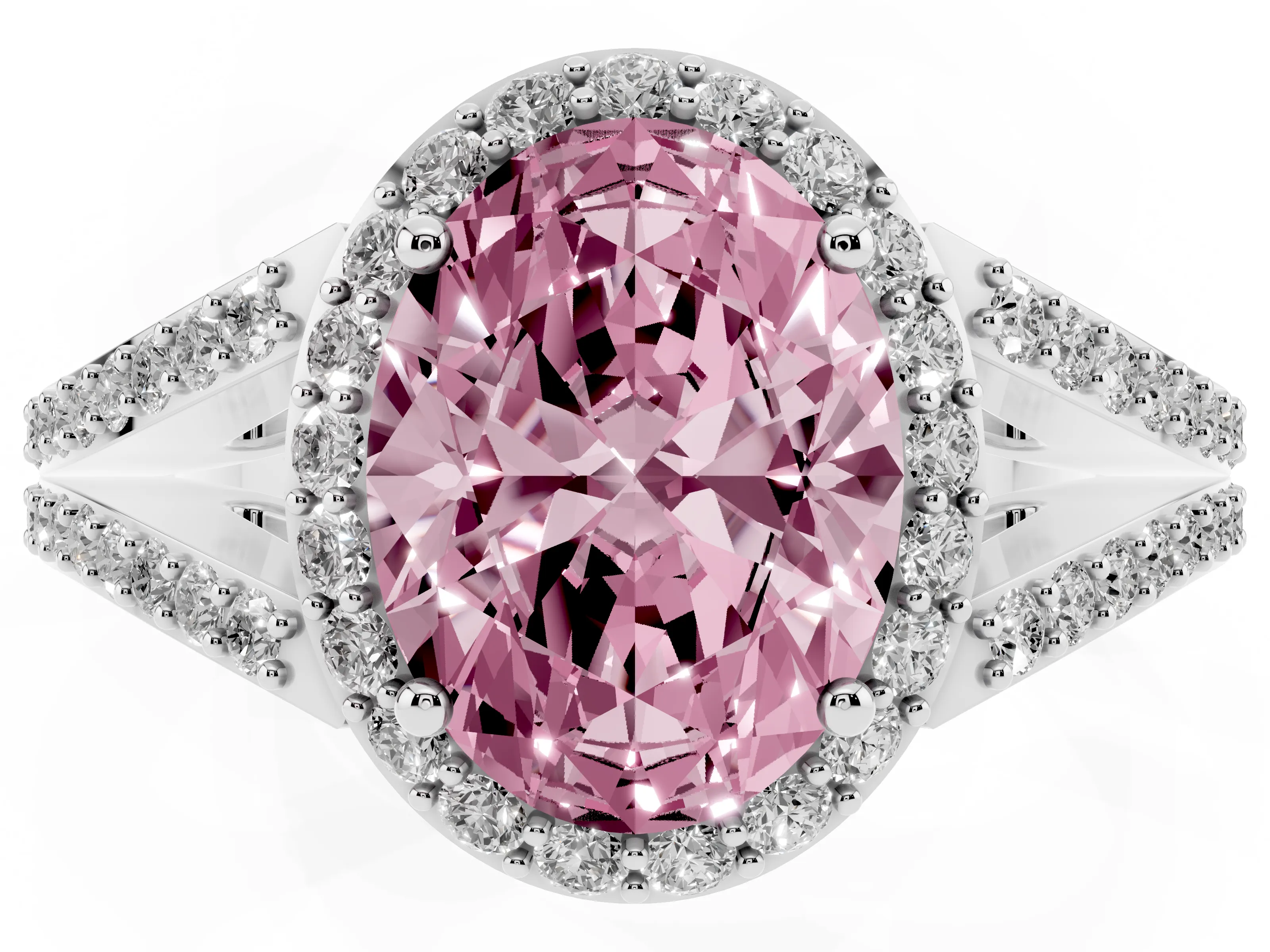 Fancy Pink Oval Cut Diamond Halo Split Shank Ring Set in White gold with Accent Stones and Prong Setting