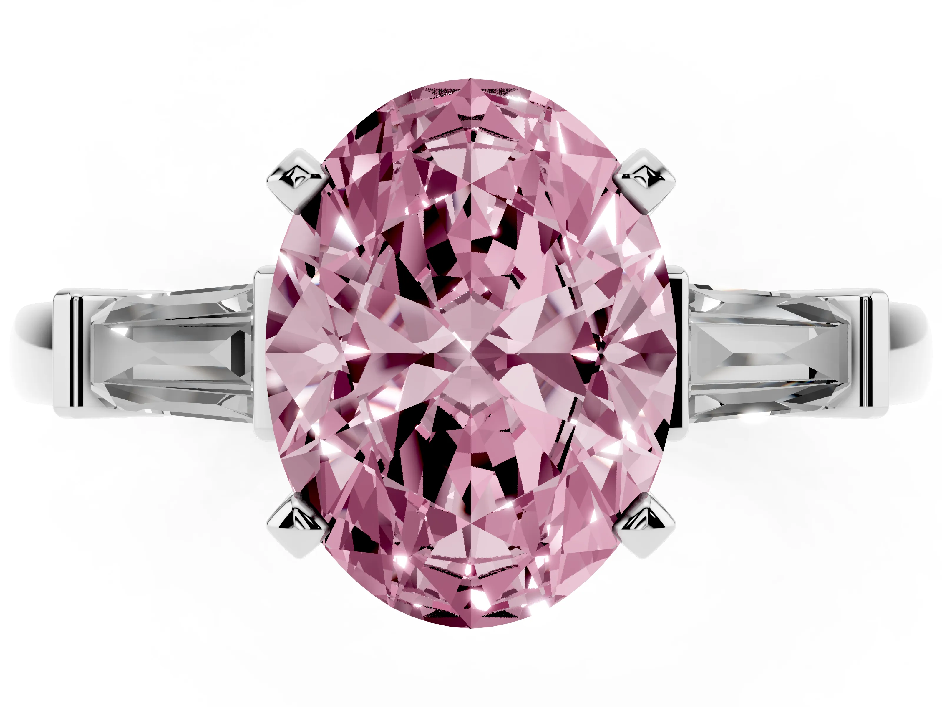 Fancy Pink Oval Cut Diamond Solitaire Ring Set in Silver with Tapered Baguette Accents and Prong Setting