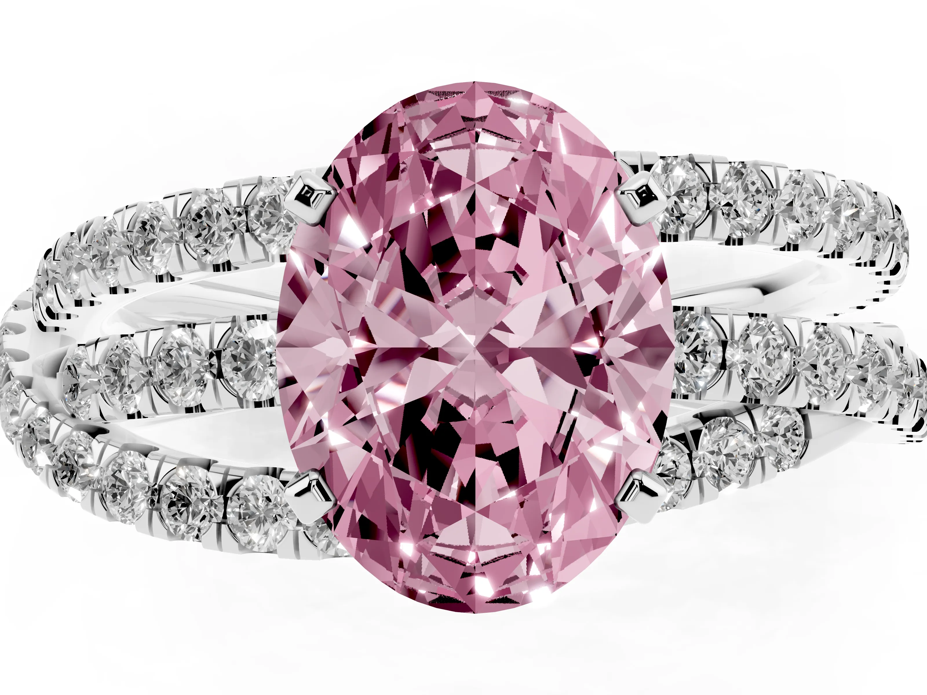 Fancy Pink Oval Cut Diamond Solitaire Twist Band Ring Set in Platinum with Pavé Setting and Prong Head