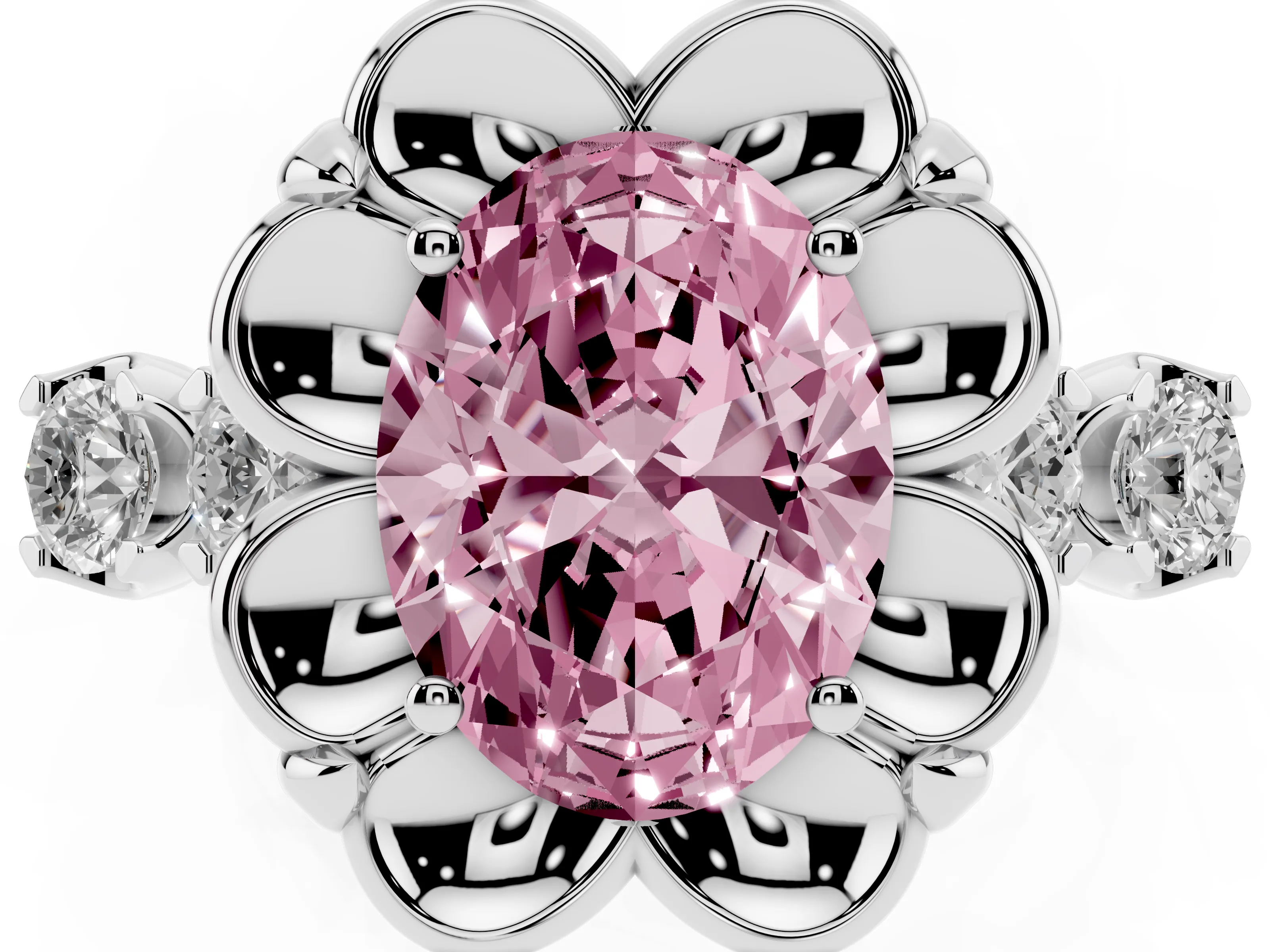 Fancy Pink Oval Cut Diamond Floral Halo Ring Set in Platinum with Shared Prong Band
