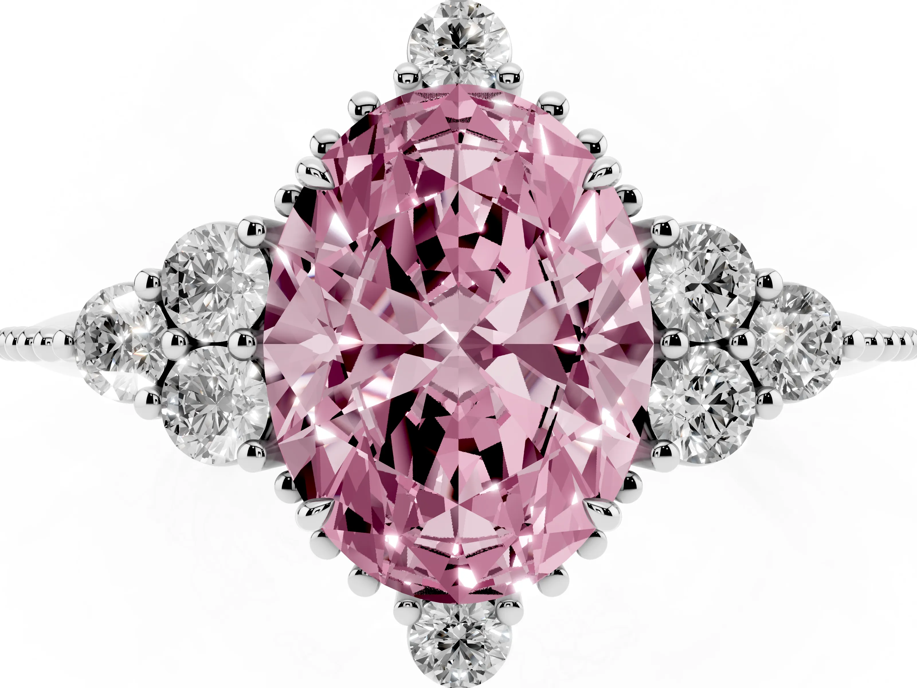 Fancy Pink Oval Cut Diamond Cluster Ring Set in Silver with Beaded Band