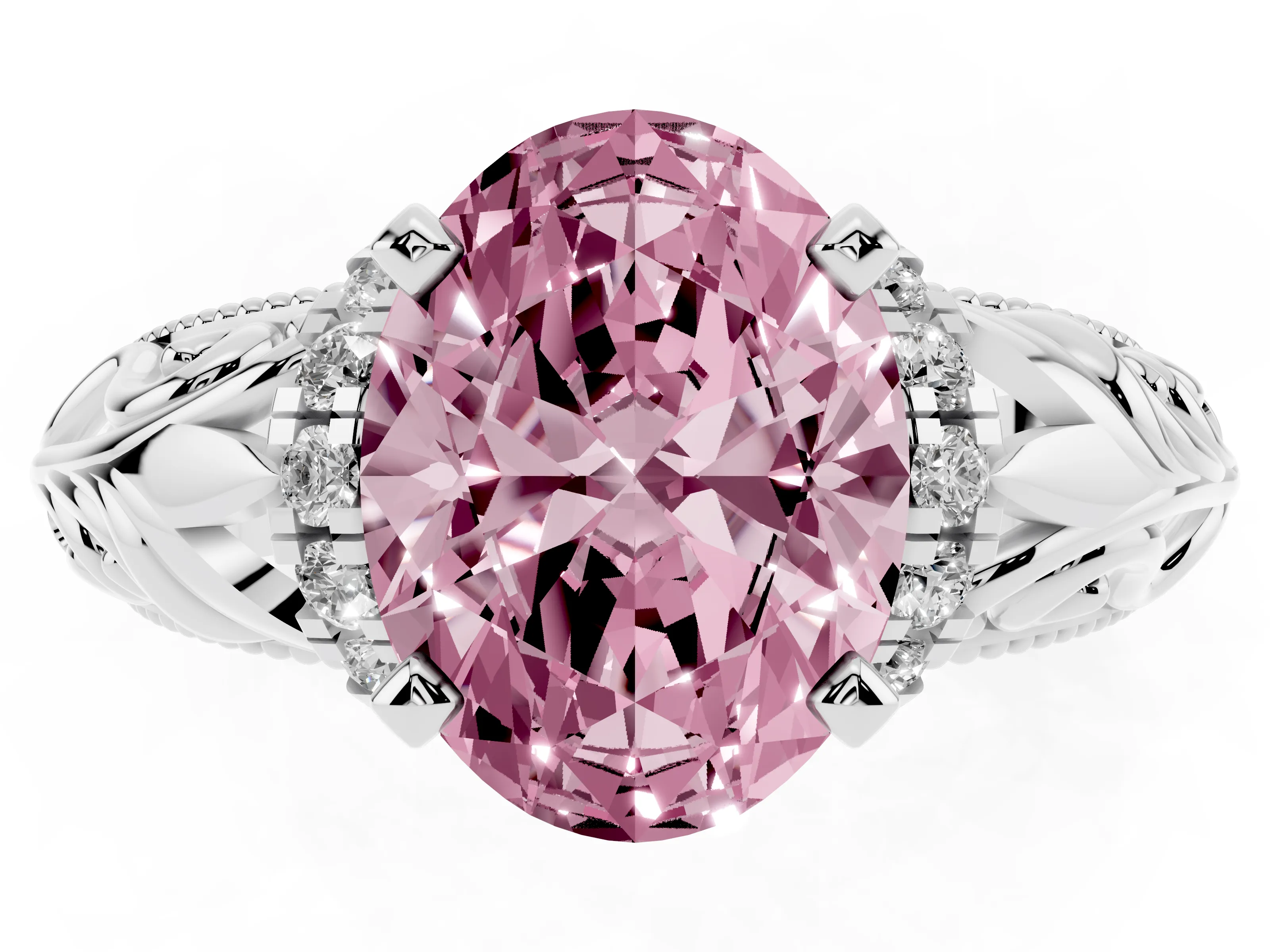 Fancy Pink Oval Cut Diamond Filigree Halo Engagement Ring Set in Platinum with Prong Setting