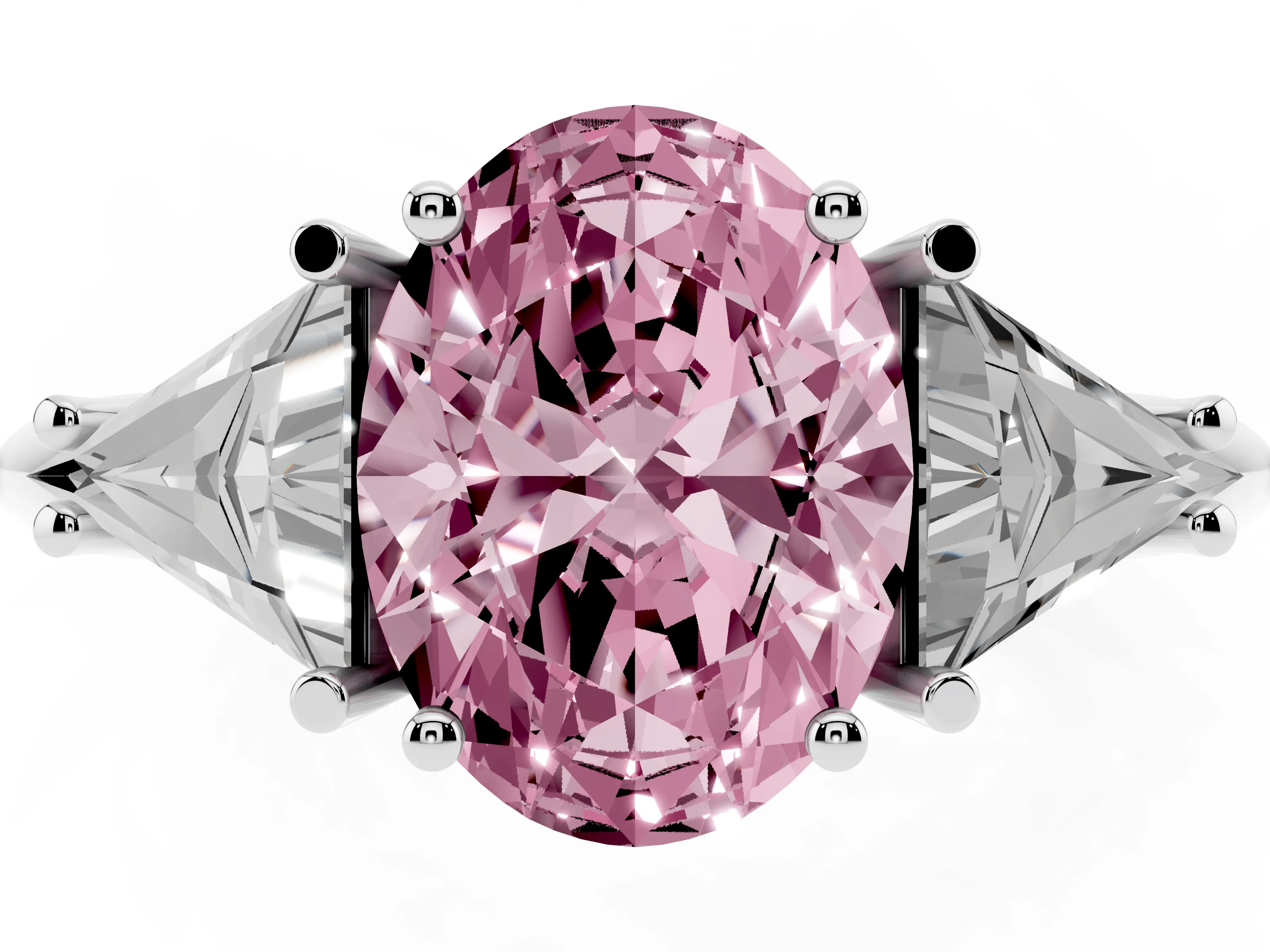 Fancy Pink Oval Cut Diamond Three-Stone Engagement Ring Set in Platinum with Trillion Side Stones