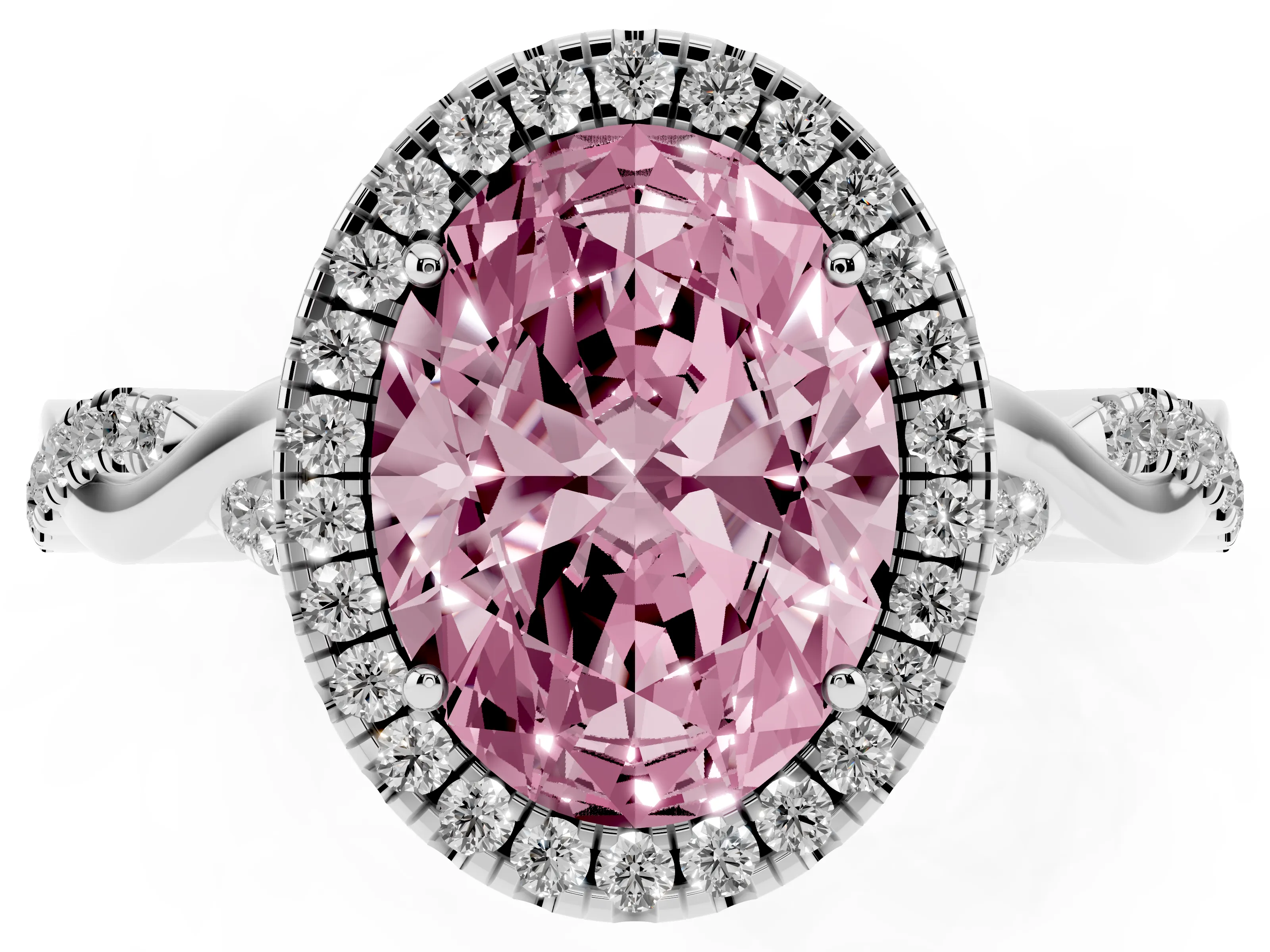 Fancy Pink Oval Cut Diamond Halo Twist Band Solitaire Ring Set in Silver with Prong Setting