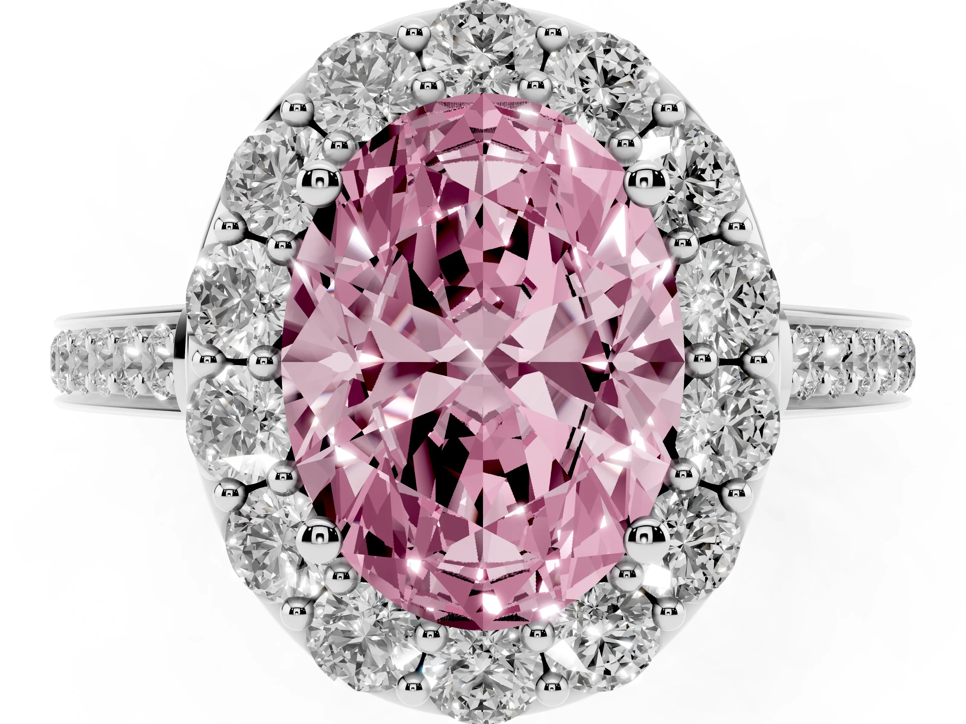Fancy Pink Oval Cut Diamond Floral Halo Ring Set in White gold with Pavé Band and Prong Setting