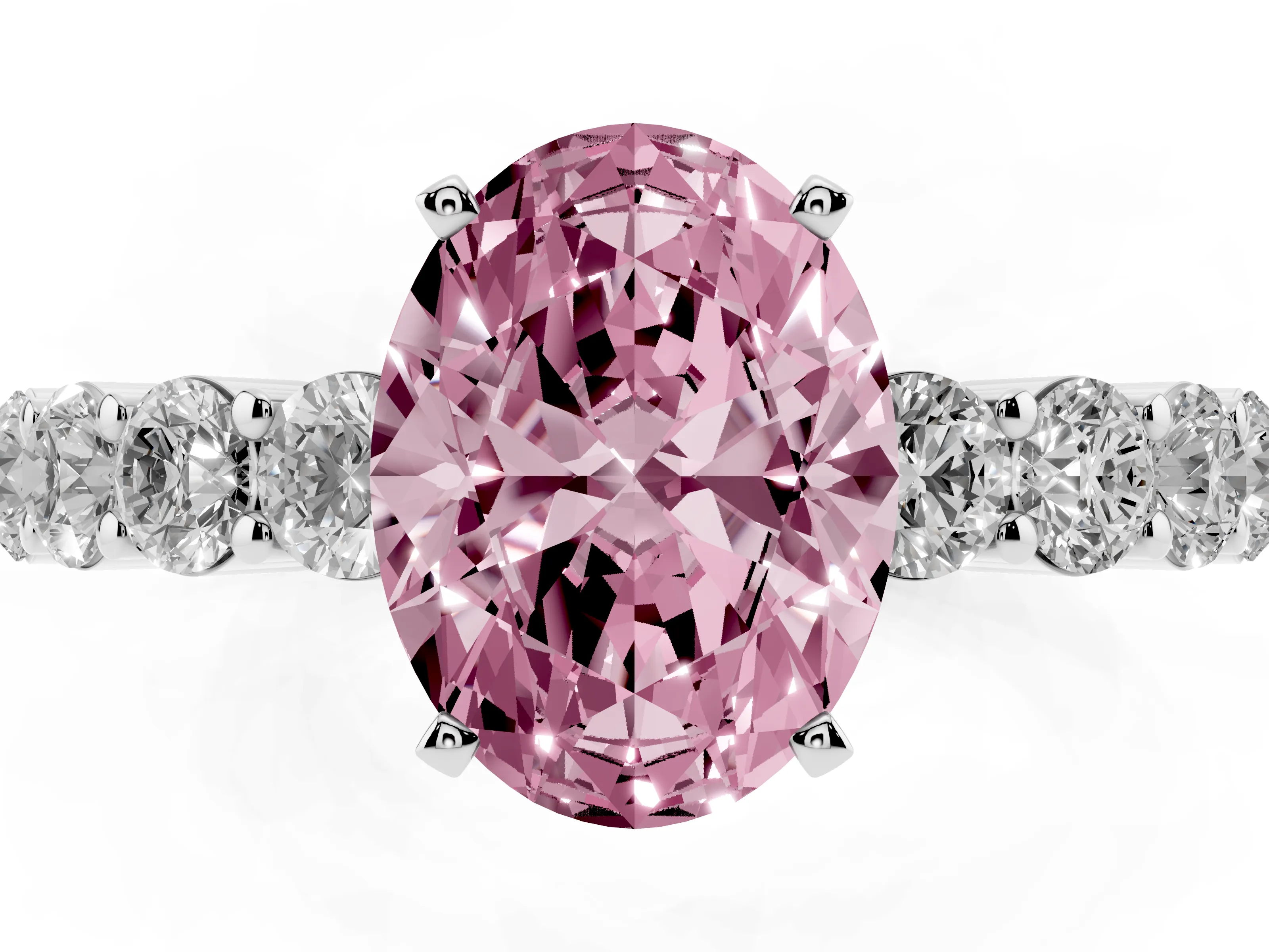 Fancy Pink Oval Cut Diamond Solitaire Ring Set in Platinum with Shared Prong Round Side Stones