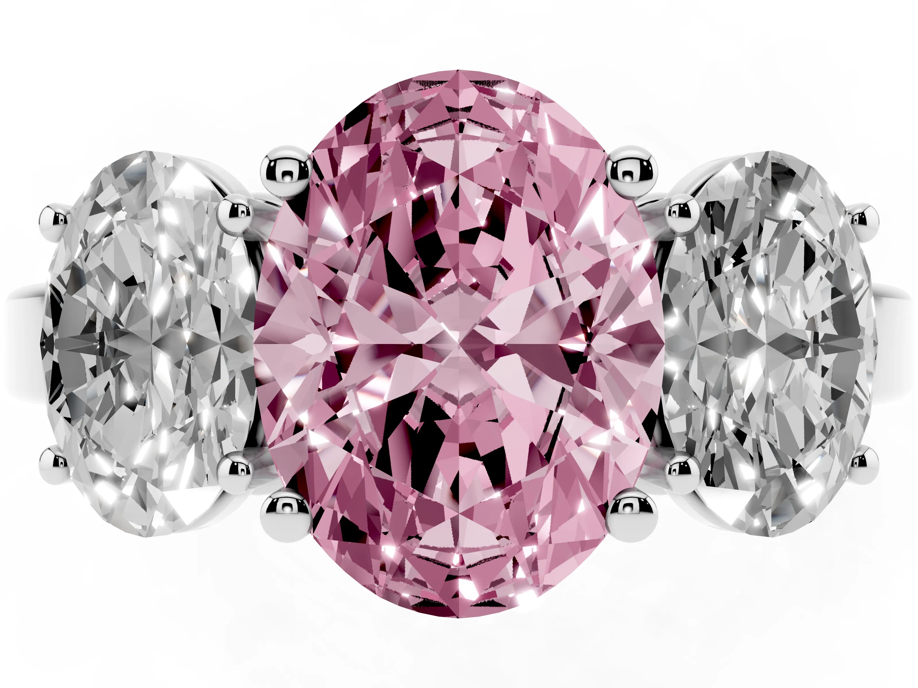 Fancy Pink Oval Cut Diamond Three-Stone Engagement Ring Set in Silver with Flat Band