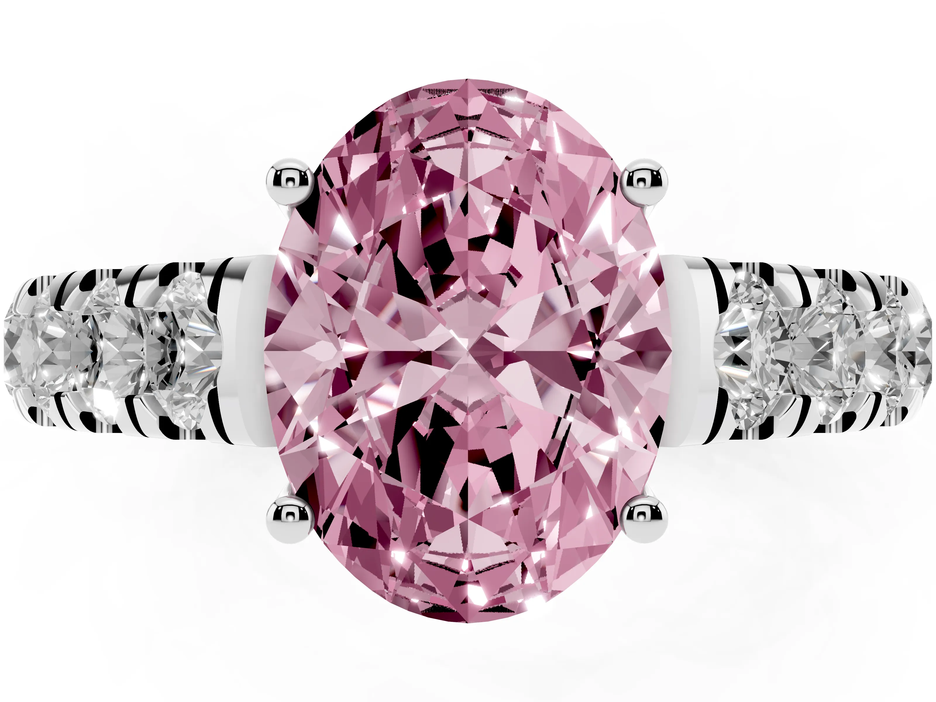 Fancy Pink Oval Cut Diamond Solitaire Ring Set in White gold with Cut-Down Micro Pavé Band and Prong Setting
