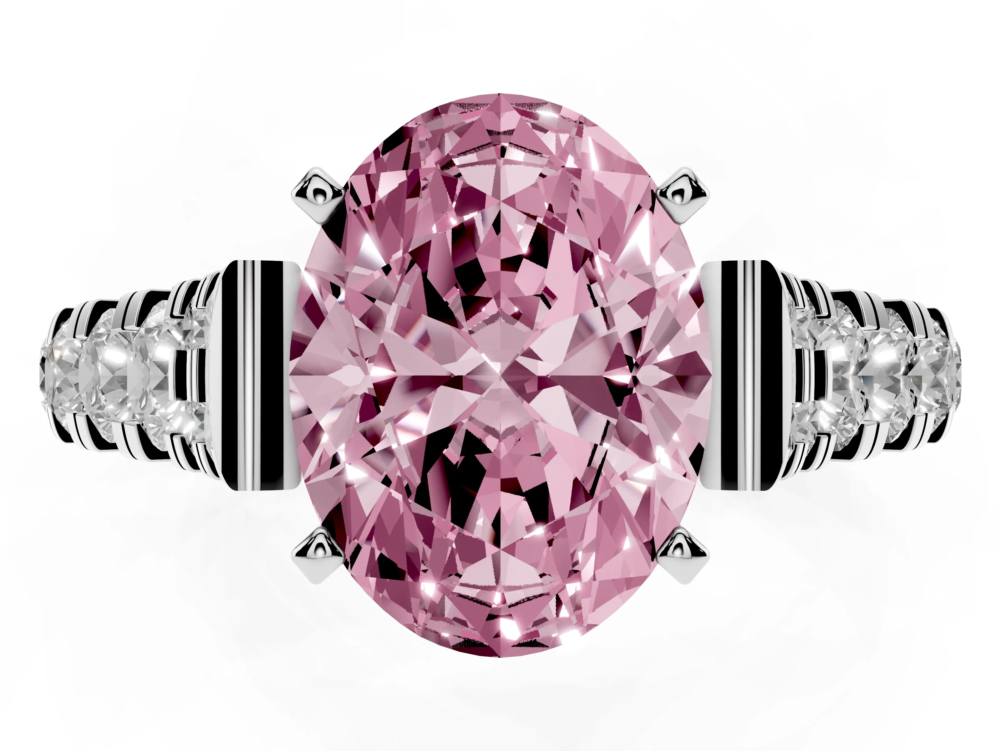 Fancy Pink Oval Cut Diamond Classic Solitaire Ring Set in Platinum with Pavé Band and Prong Setting