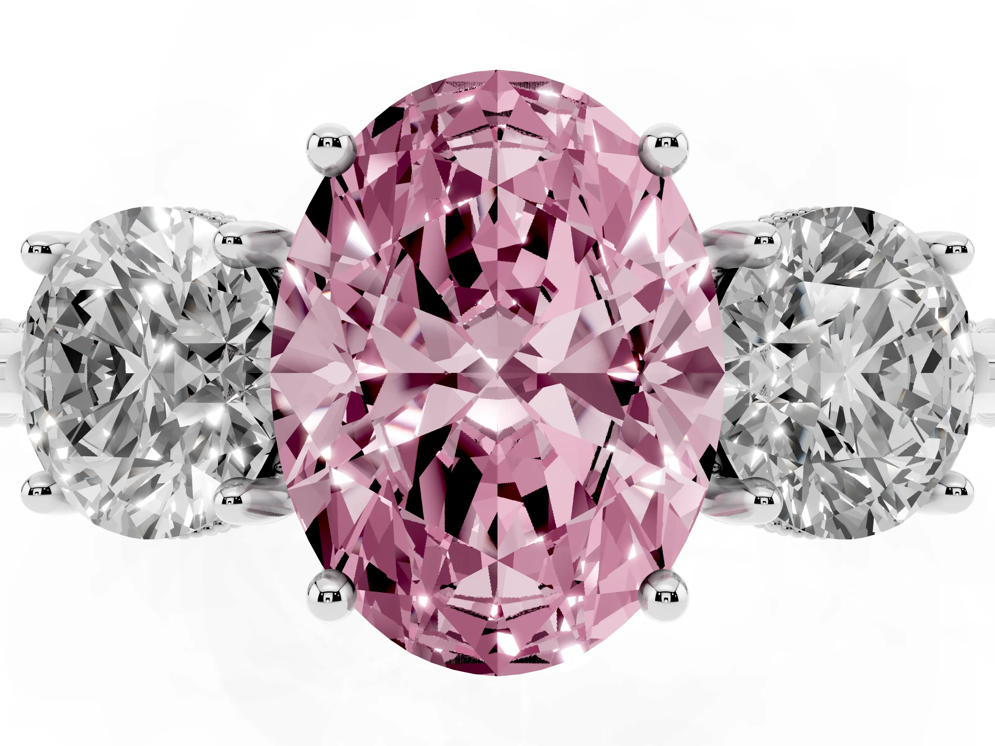 Fancy Pink Oval Cut Diamond Three-Stone Ring Set in Platinum with Milgrain Band