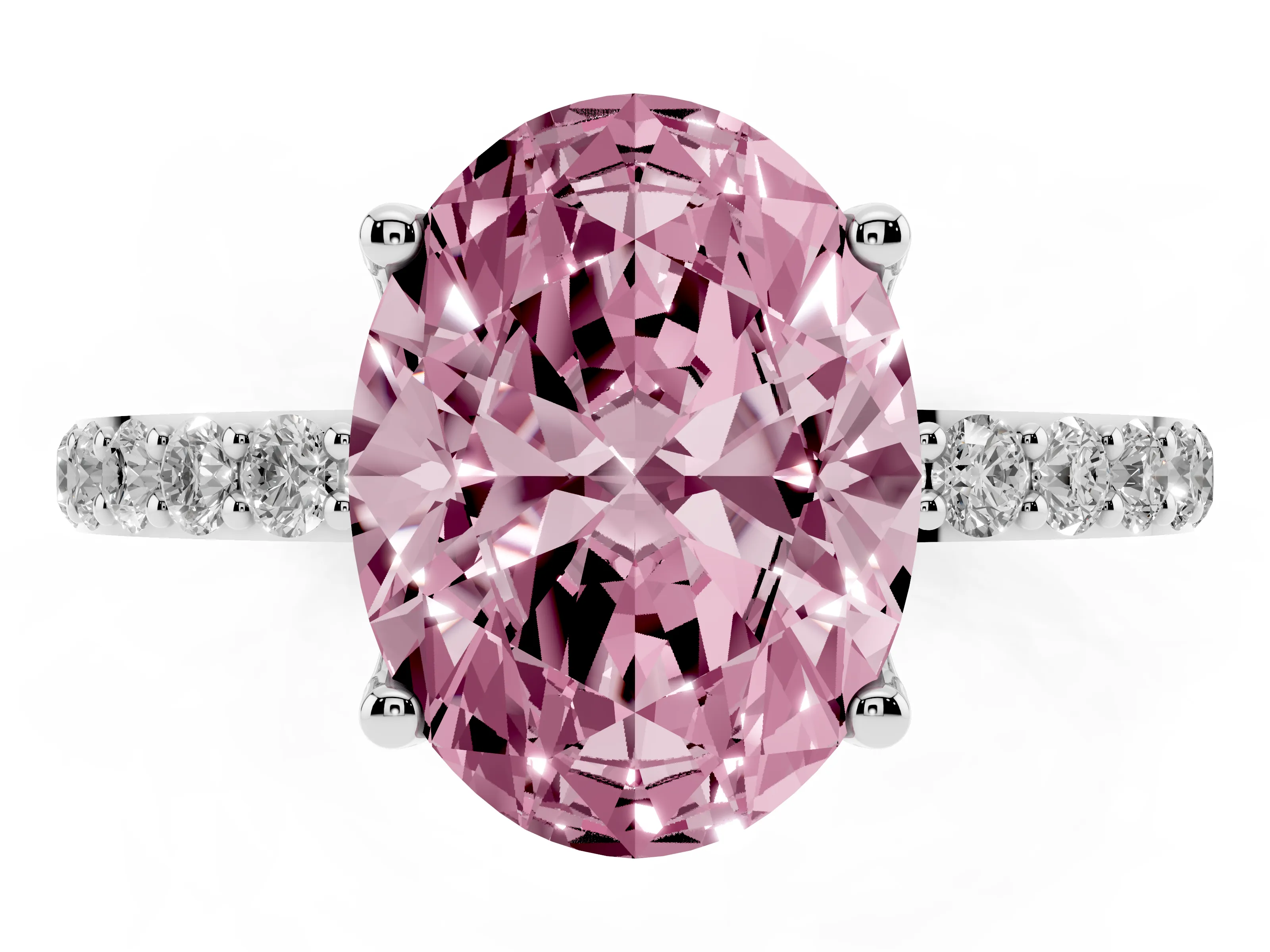 Fancy Pink Oval Cut Diamond Solitaire Engagement Ring Set in Platinum with Round Pavé Band and Prong Setting