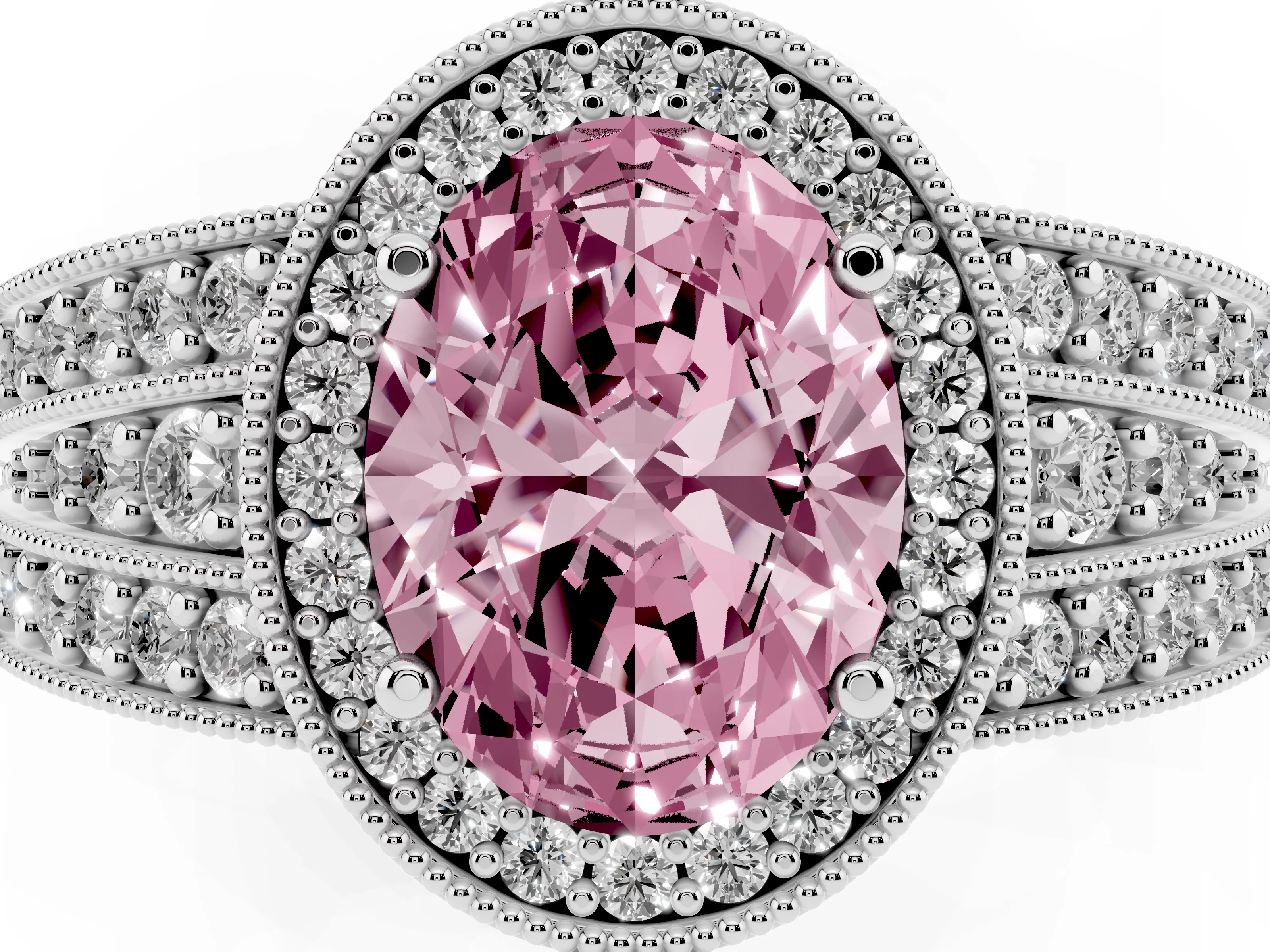 Fancy Pink Oval Cut Diamond Halo Ring Set in White gold with Accent Split Shank and Prong Setting