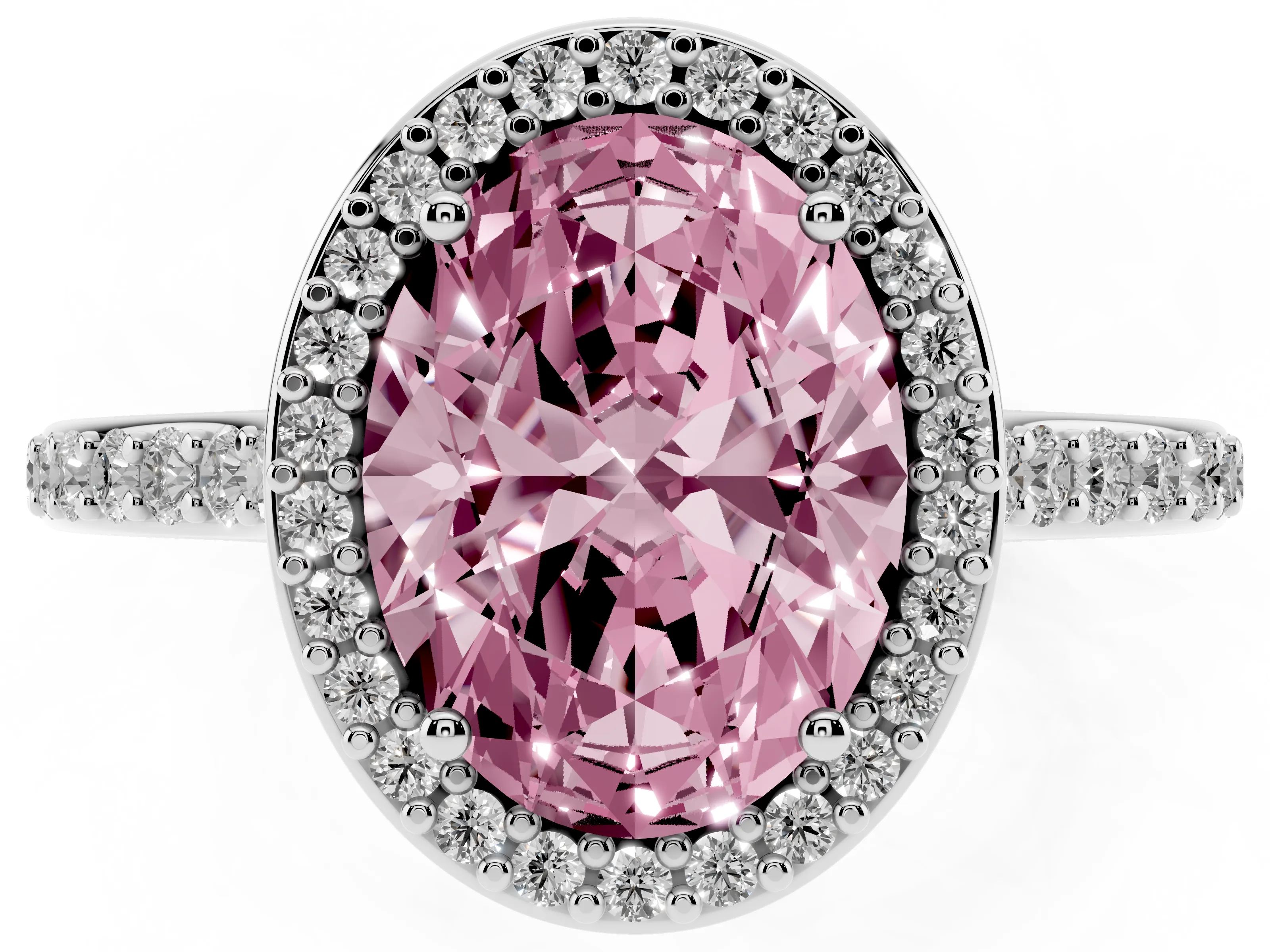 Fancy Pink Oval Cut Diamond Halo Engagement Ring Set in White gold with Round Pavé Shoulders and Heart Gallery