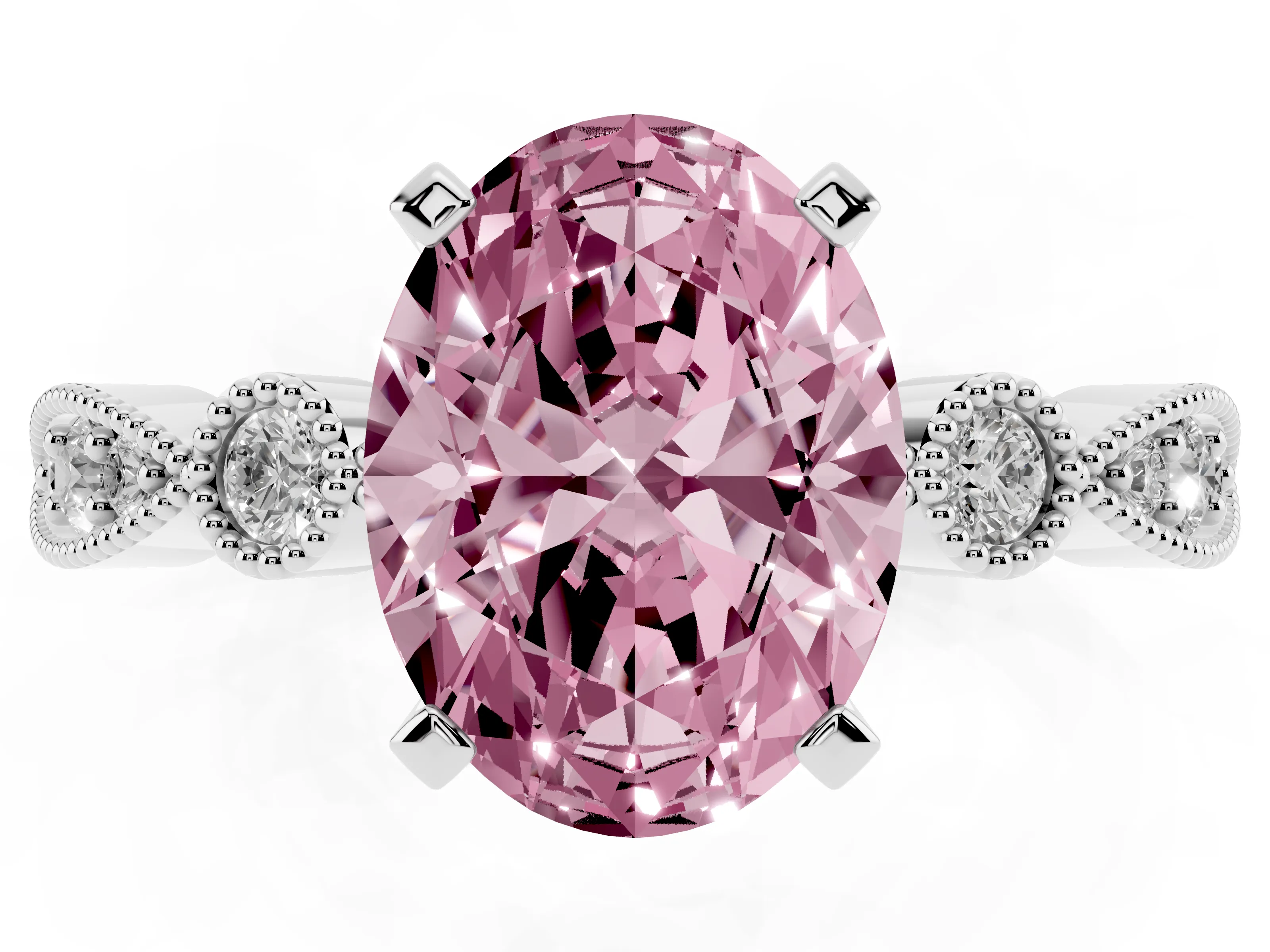 Fancy Pink Oval Cut Diamond Solitaire Engagement Ring Set in Platinum with Milgrain Bezel Accent Band