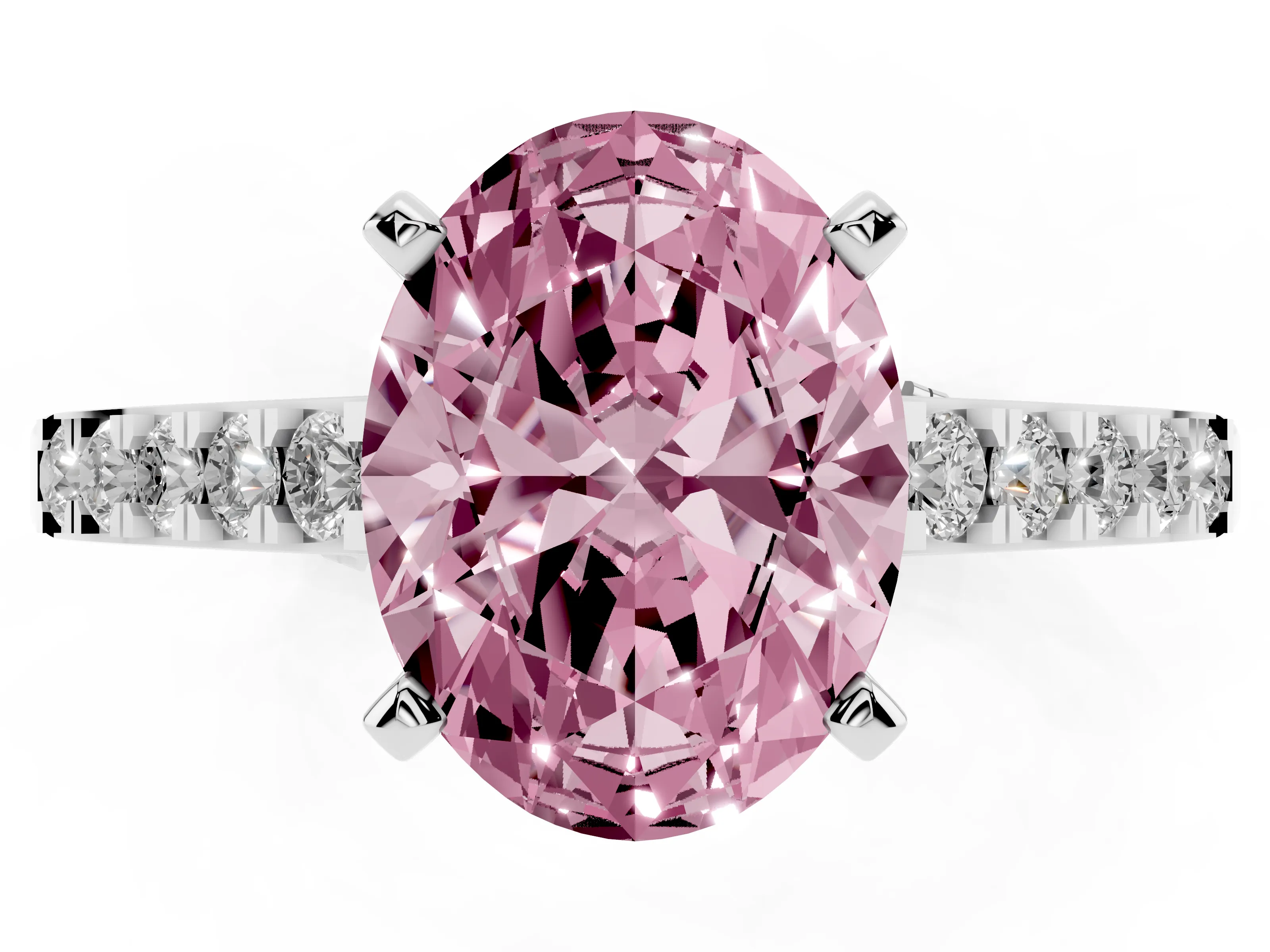 Fancy Pink Oval Cut Diamond Solitaire Ring Set in Platinum with Crossover Gallery and Round Pavé Band