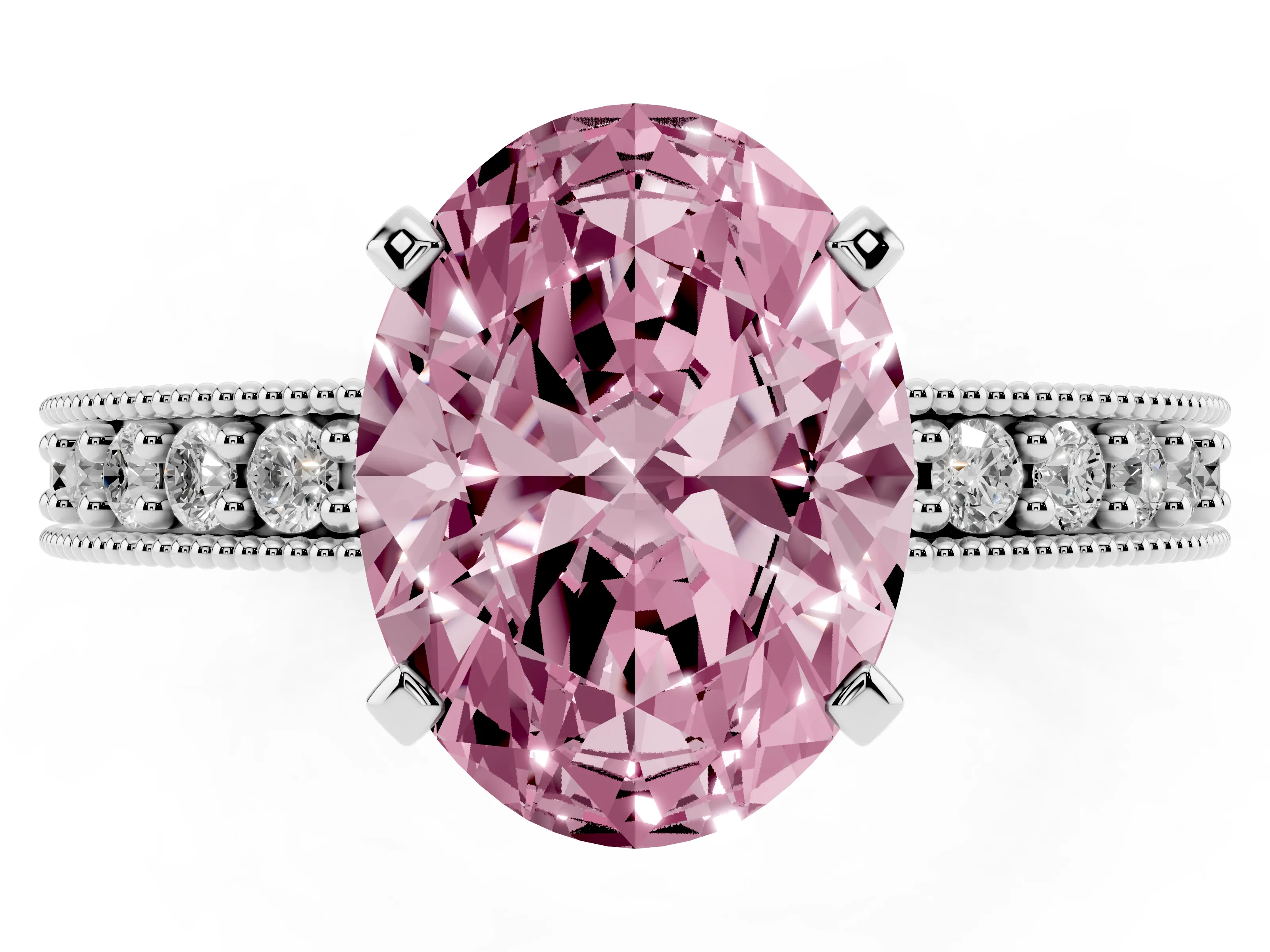 Fancy Pink Oval Cut Diamond Milgrain Pavé Engagement Ring Set in Platinum with Prong Setting