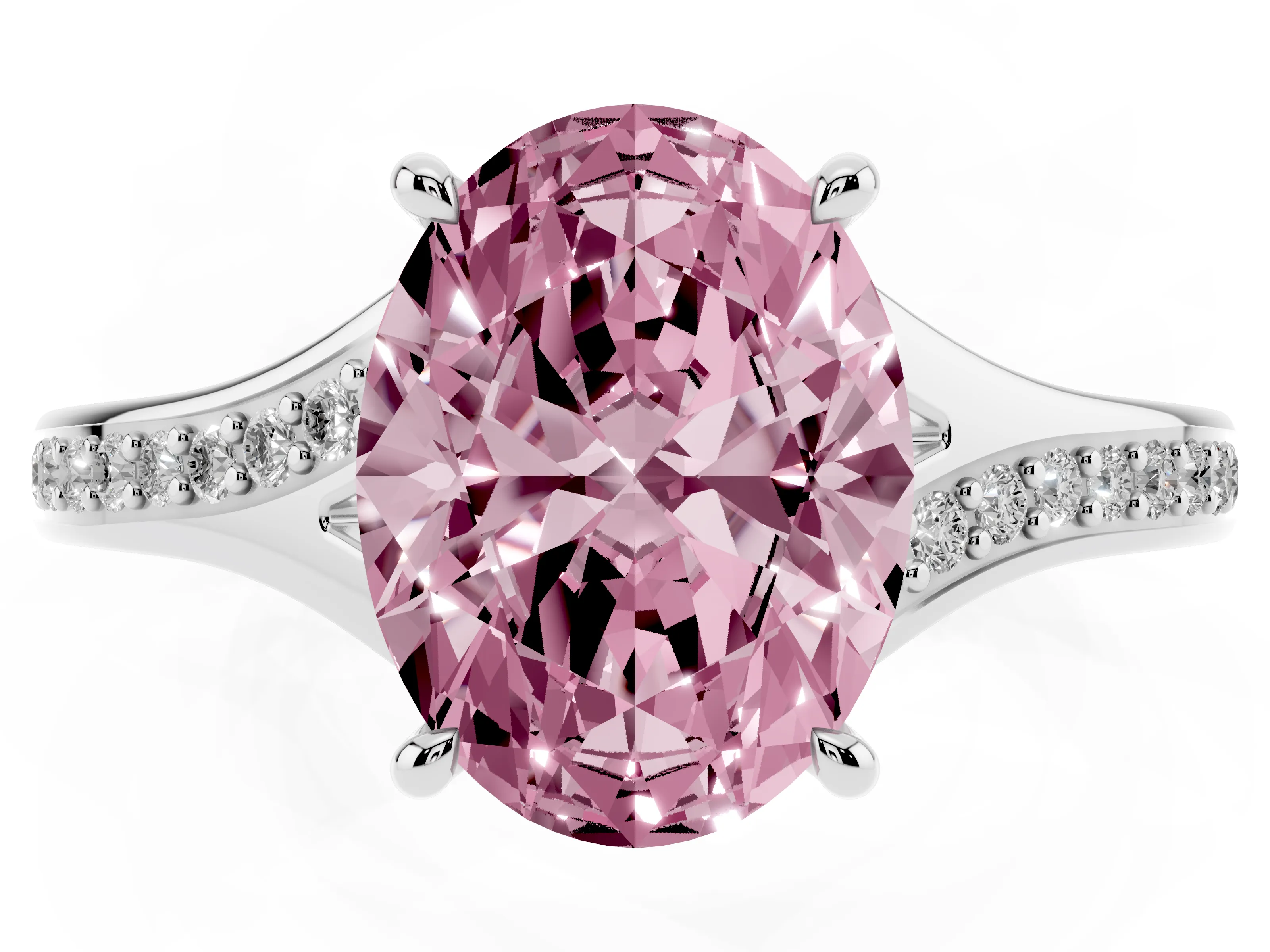 Fancy Pink Oval Cut Diamond Solitaire Ring Set in Platinum with Pavé Accent Band and Classic Prong Setting