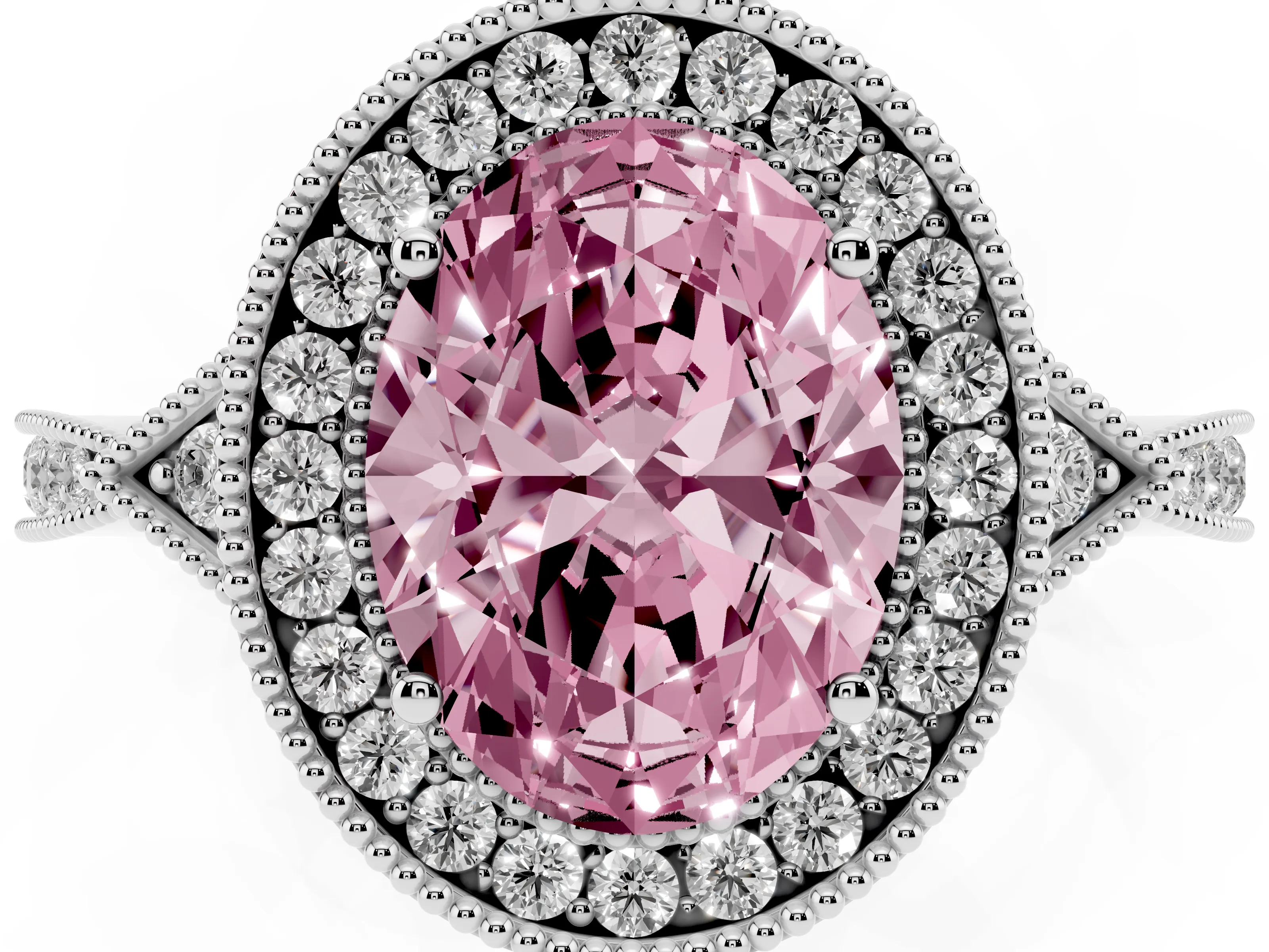 Fancy Pink Oval Cut Diamond Halo Engagement Ring Set in Silver with Milgrain Pavé Band