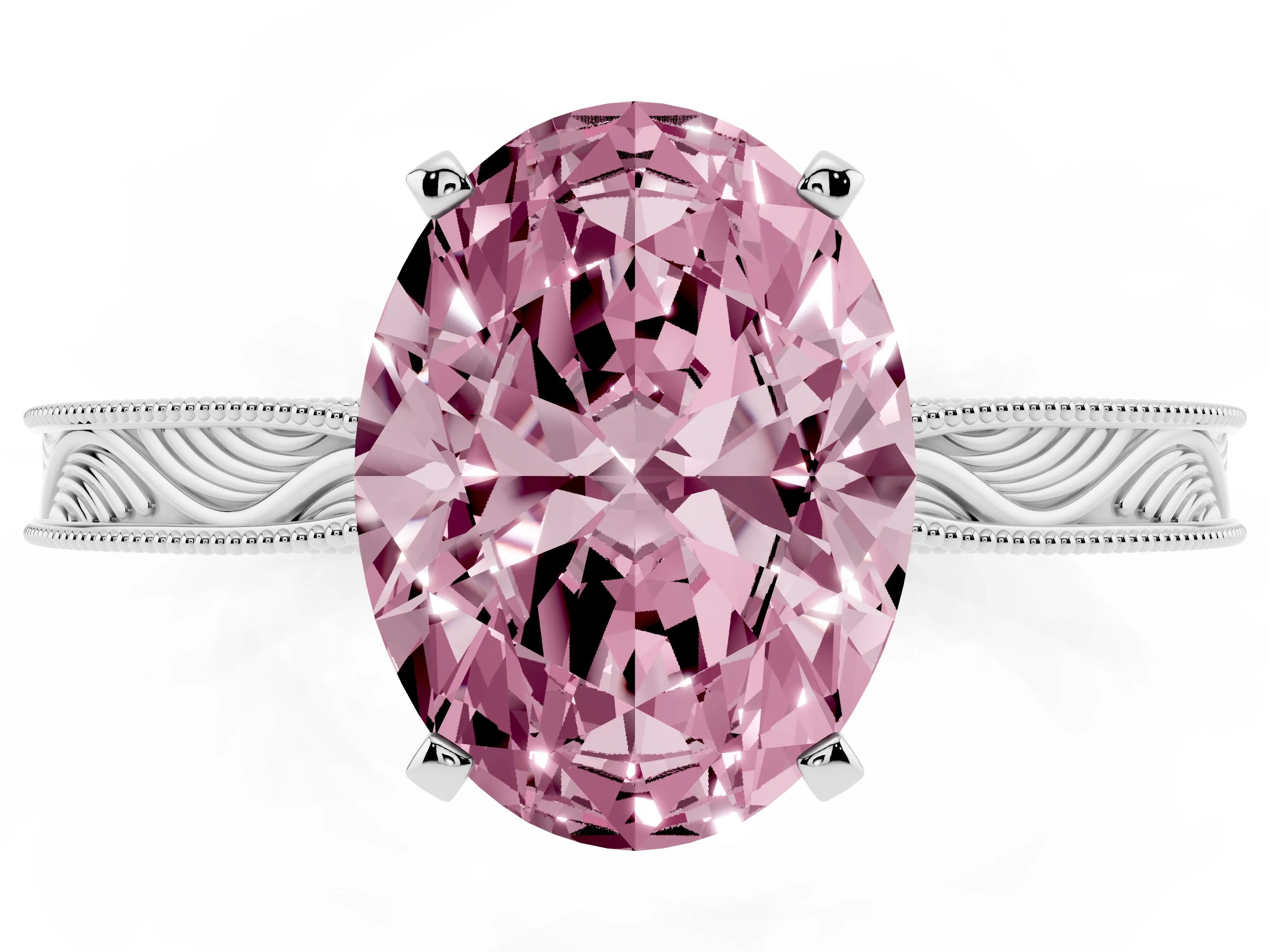 Fancy Pink Oval Cut Diamond Solitaire Milgrain Engraved Band Set in White gold with Prong Setting