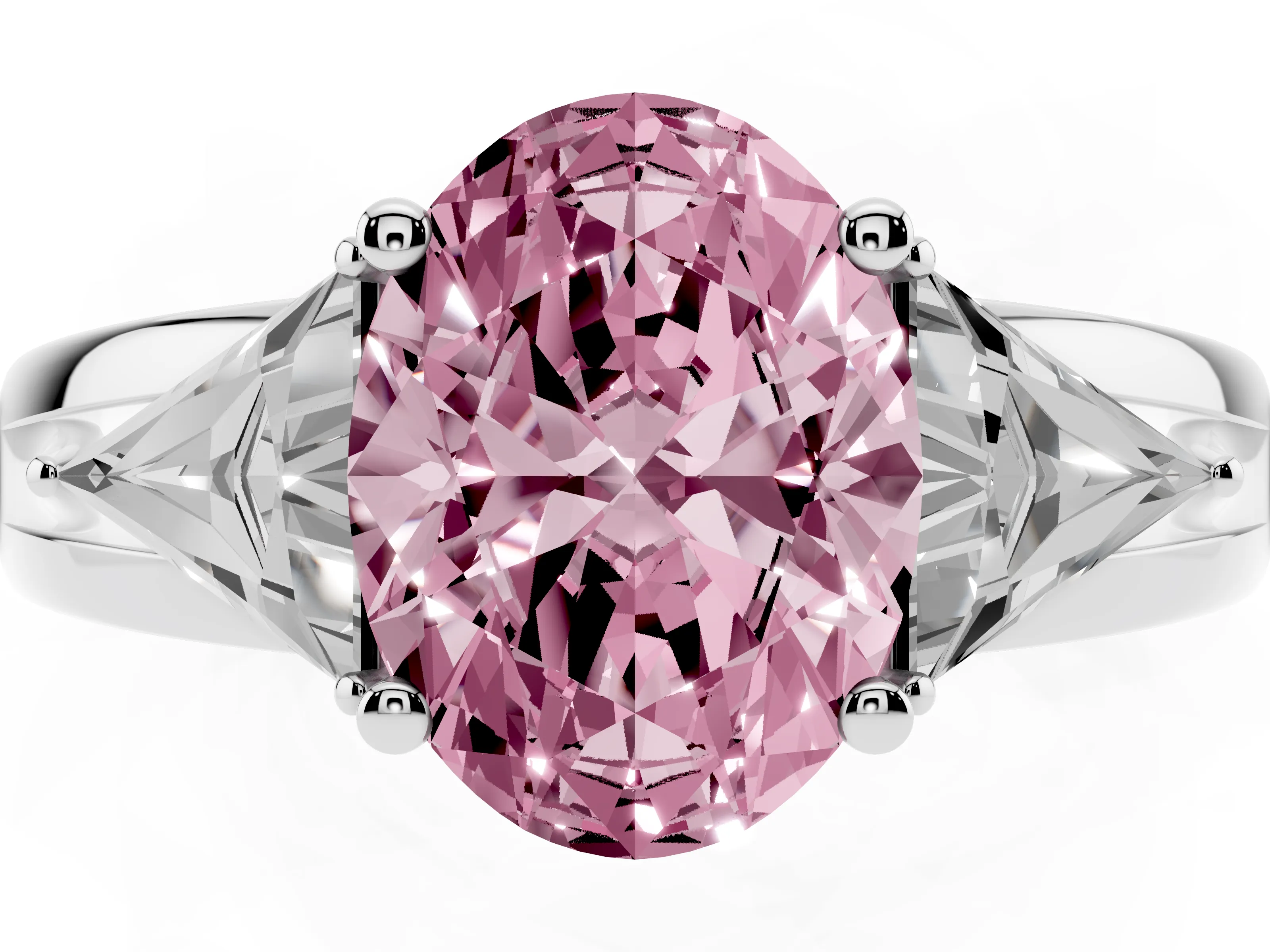 Fancy Pink Oval Cut Diamond Three-Stone Ring Set in White gold with Trillion Side Stones and Split Shank