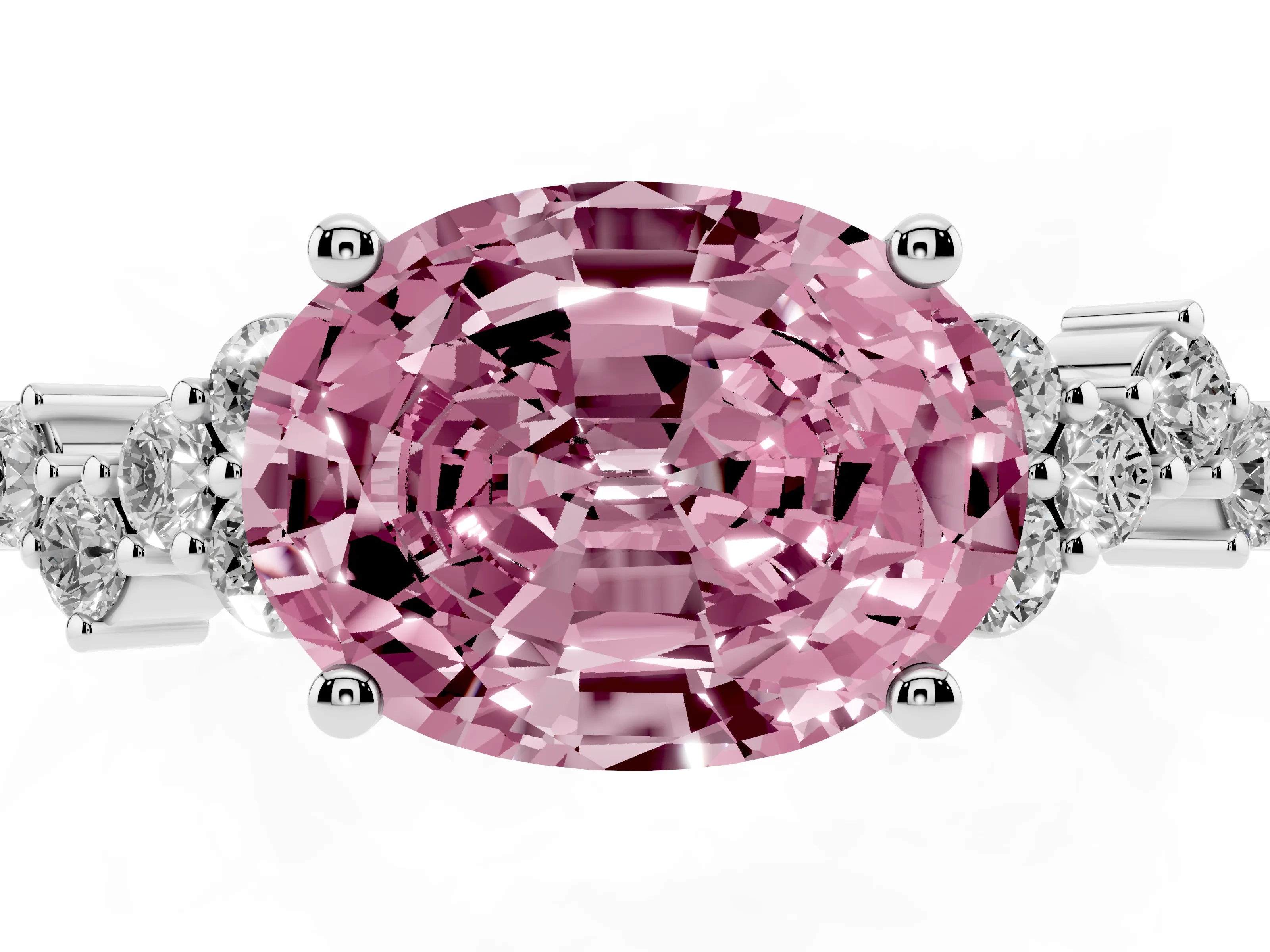 Fancy Pink Oval Cut Diamond Ring Set in Platinum with Scattered Round Accents