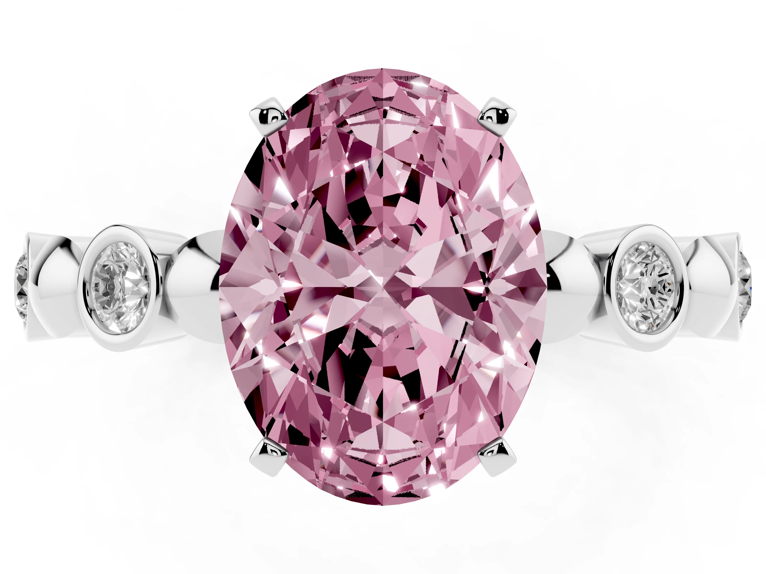 Fancy Pink Oval Cut Diamond Solitaire Ring Set in White gold with Bezel-Set Accents on Beaded Band and Prong Setting