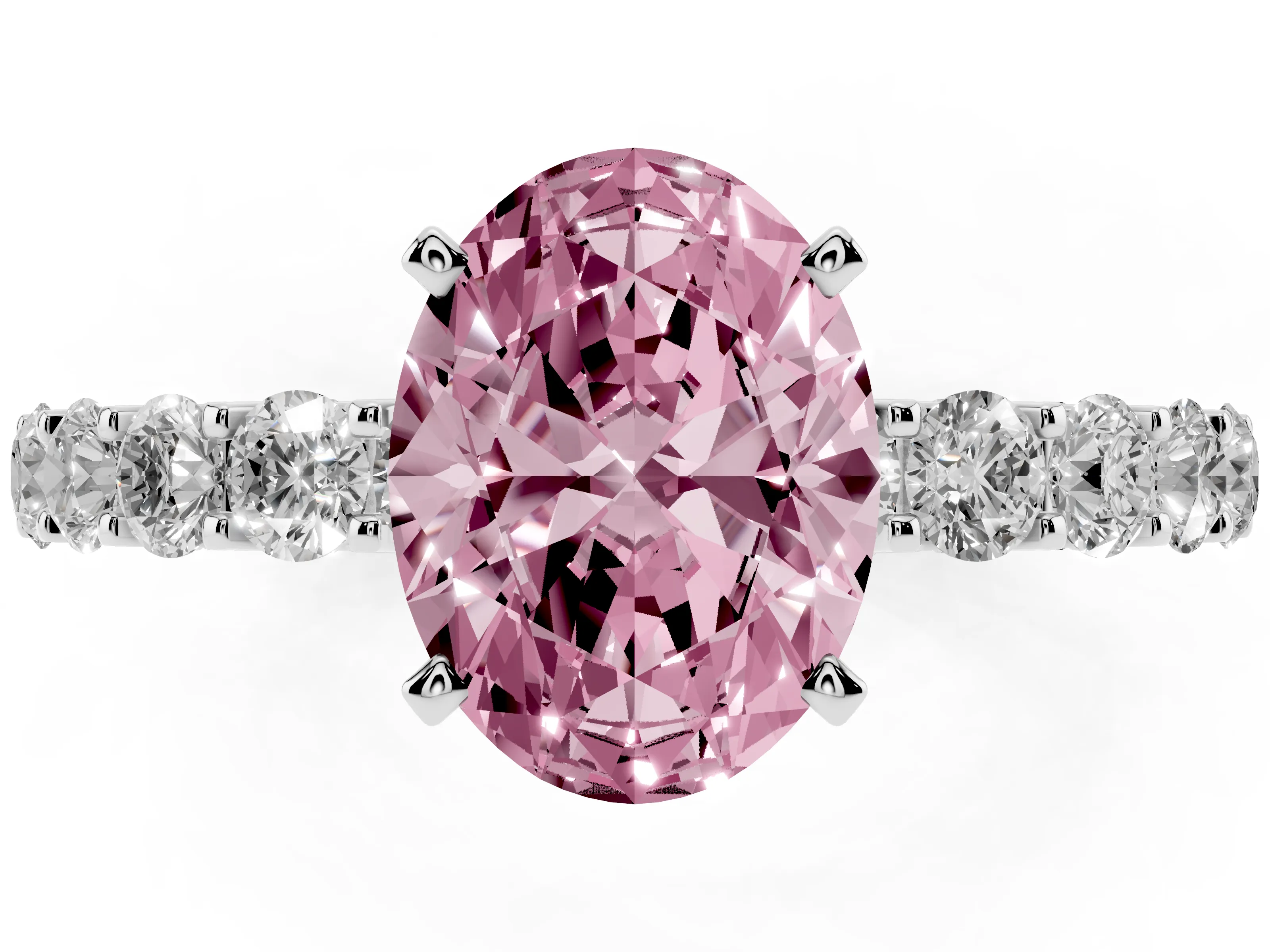 Fancy Pink Oval Cut Diamond Solitaire Ring Set in Silver with Shared Prong Pavé Band