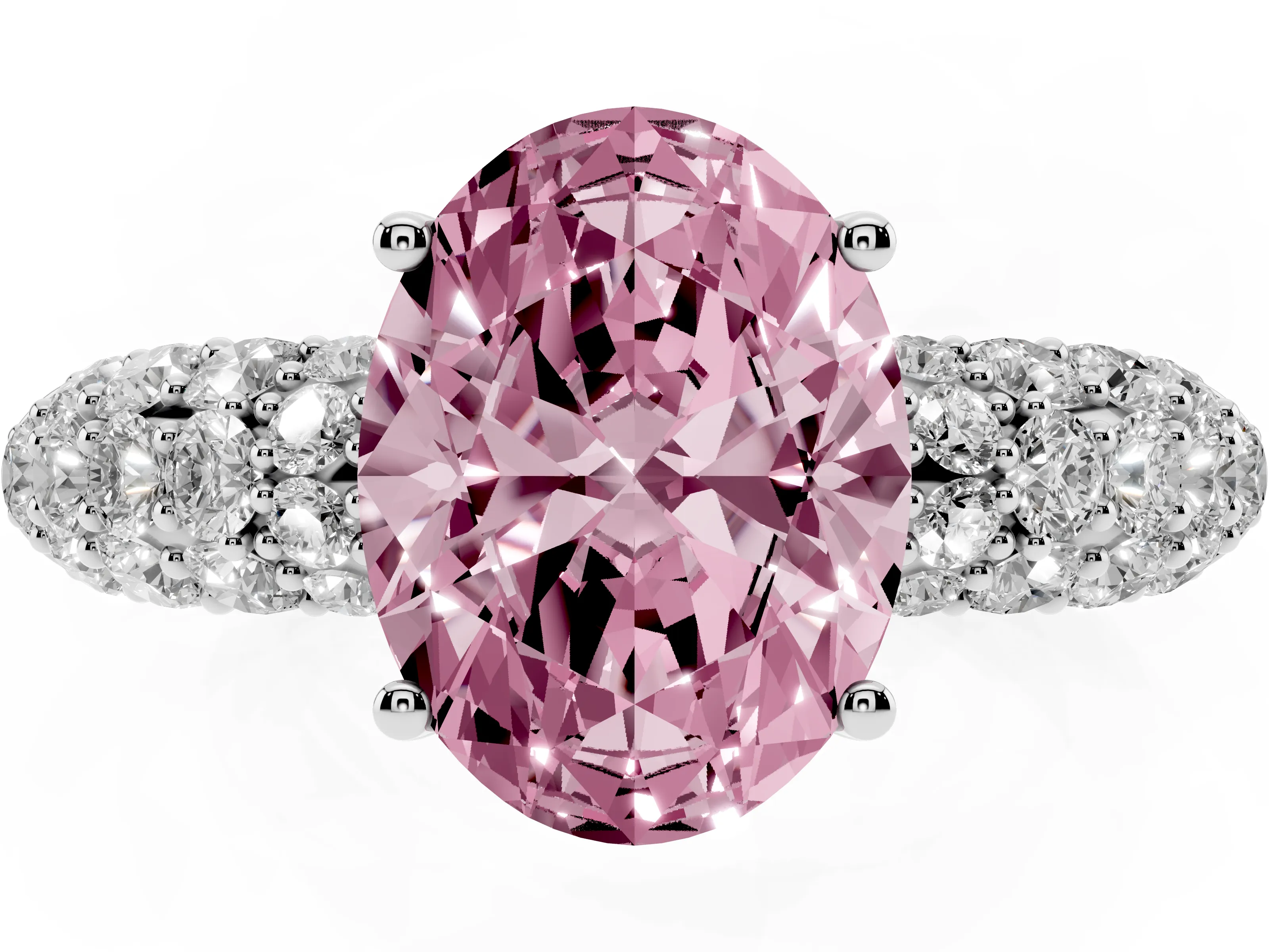 Fancy Pink Oval Cut Diamond Pavé Band Solitaire Ring Set in White gold with Close-Set Accent Stones and Prong Setting