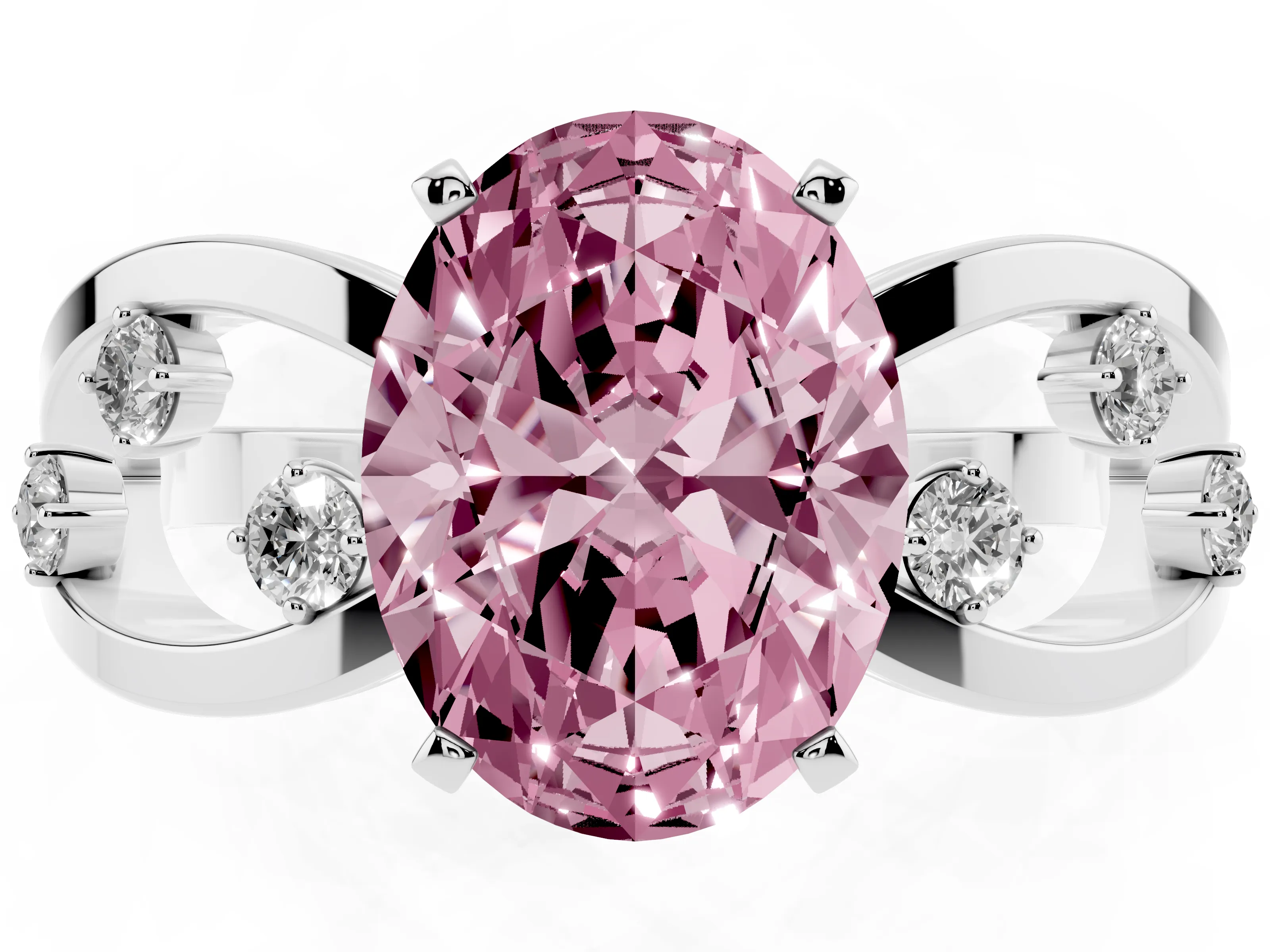 Fancy Pink Oval Cut Diamond Solitaire Ring Set in White gold with Side Stones on Criss-Cross Band and Prong Setting