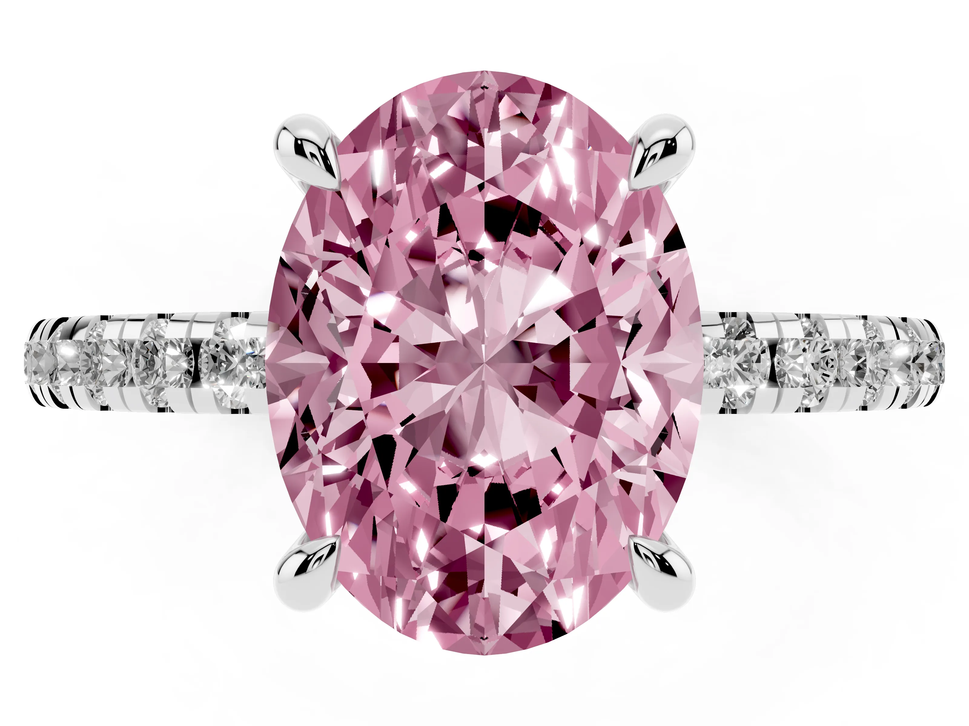 Fancy Pink Oval Cut Diamond Brilliant Solitaire Ring Set in White gold with Pavé Band and Prong Setting
