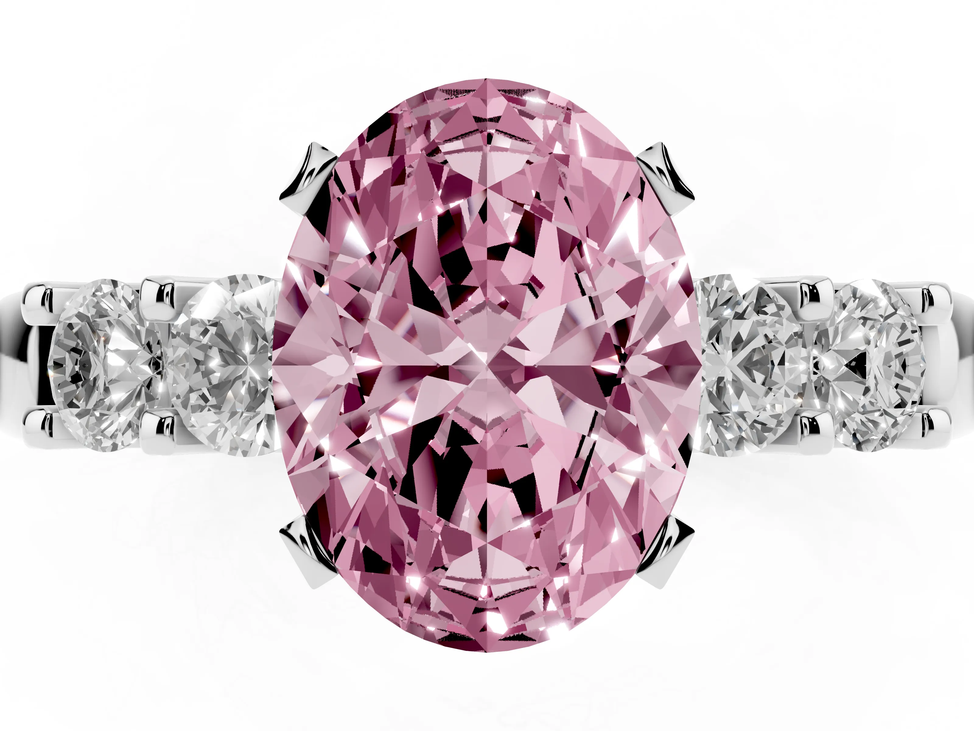 Fancy Pink Oval Cut Diamond Five-Stone Prong Set Engagement Ring Set in Platinum with Channel Band