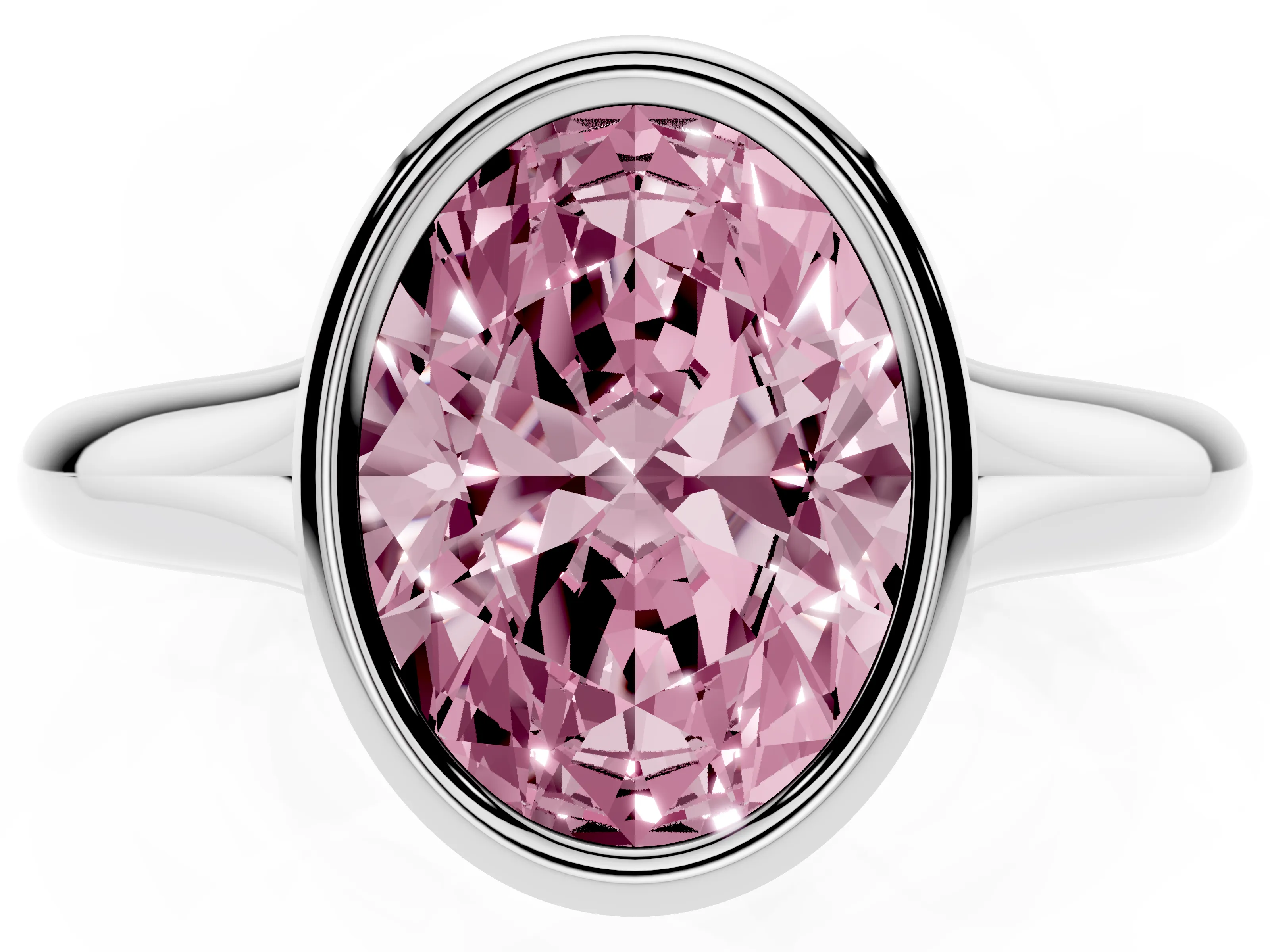 Fancy Pink Bezel Set Oval Cut Diamond Solitaire Ring Set in White gold with Smooth Band