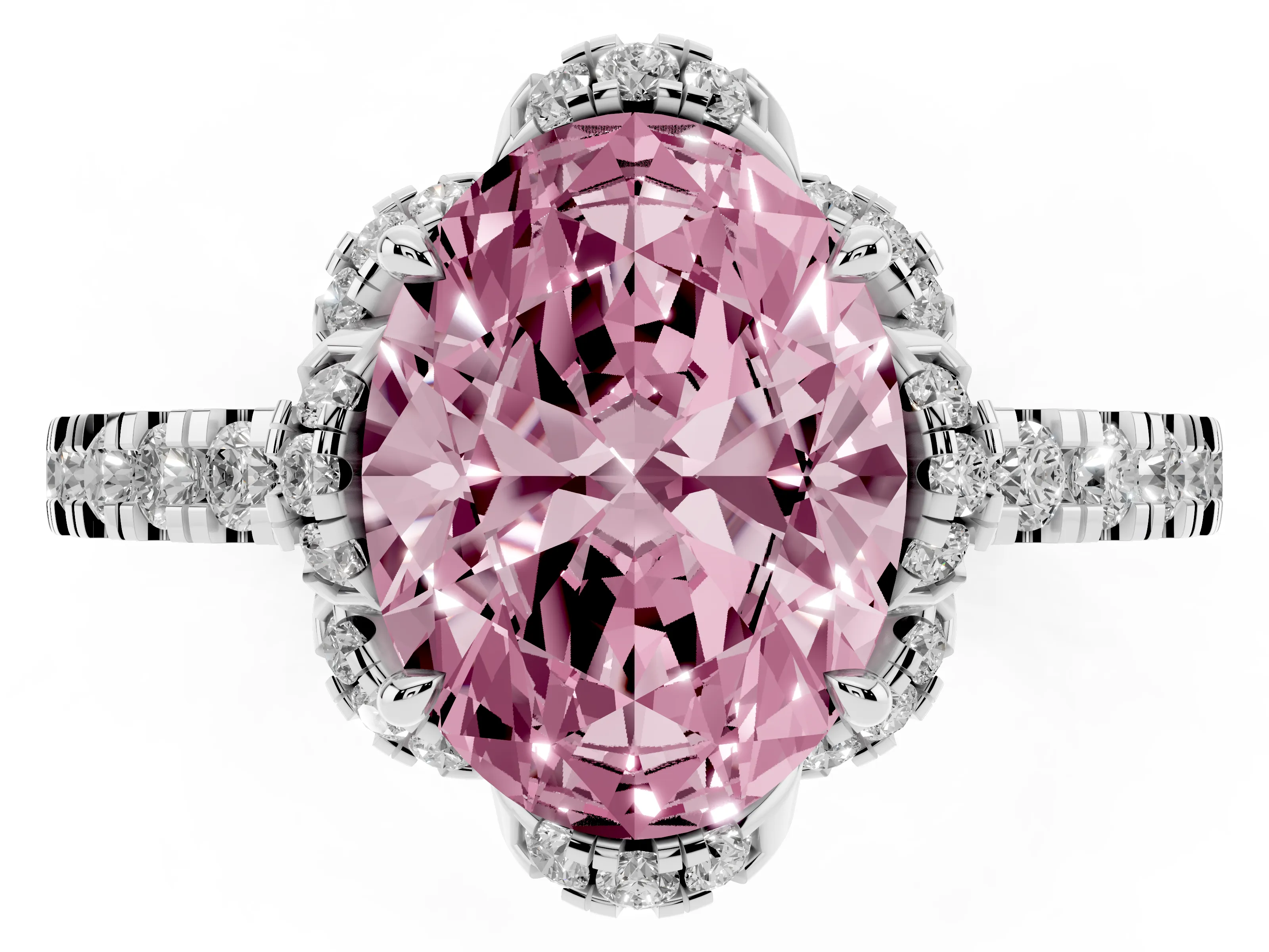 Fancy Pink Oval Cut Diamond Halo Pavé Band Ring Set in Platinum with Prong-Held Center