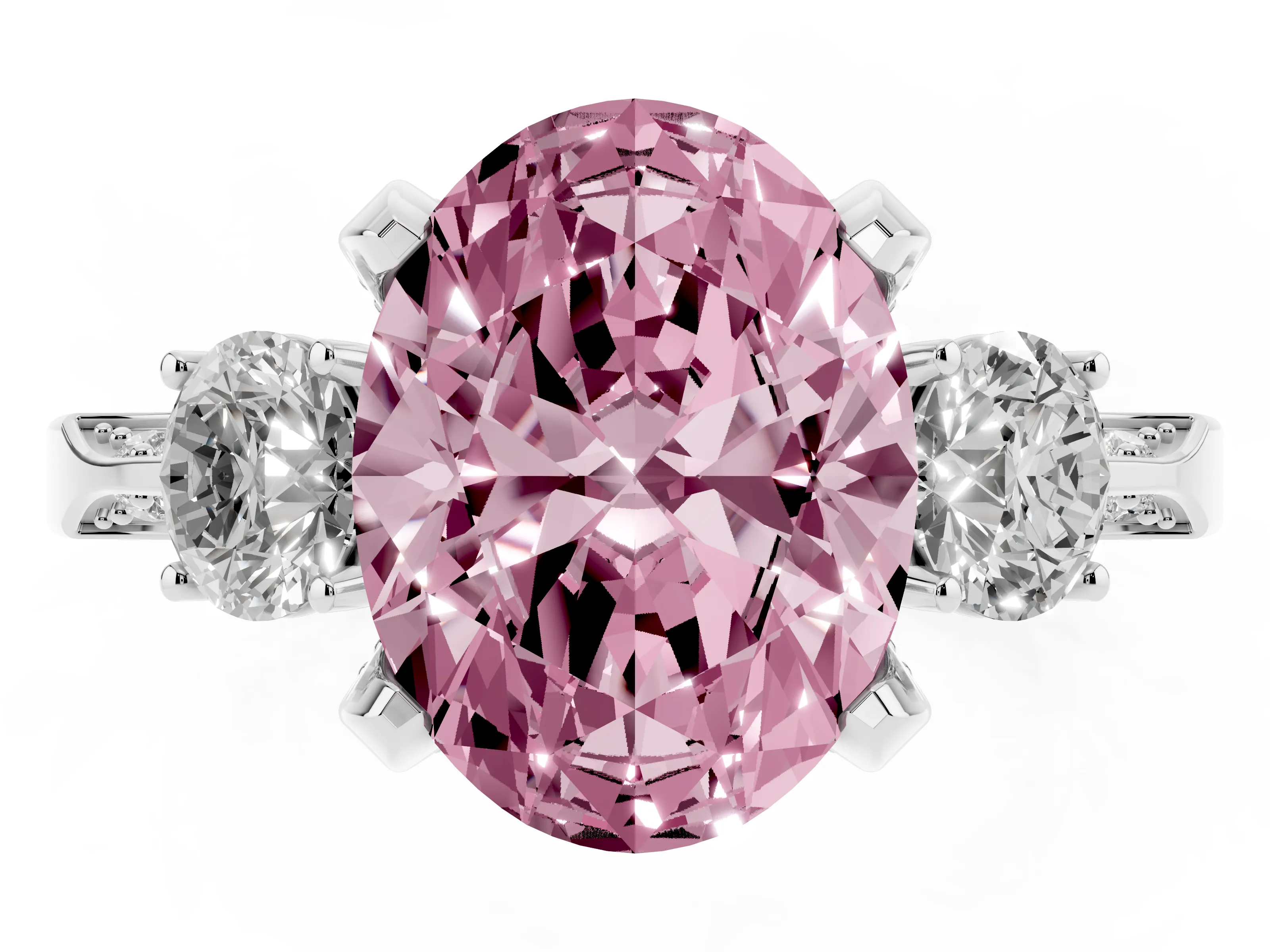 Fancy Pink Oval Cut Diamond Three-Stone Ring Set in Silver with Pavé Band and Smaller Side Stones