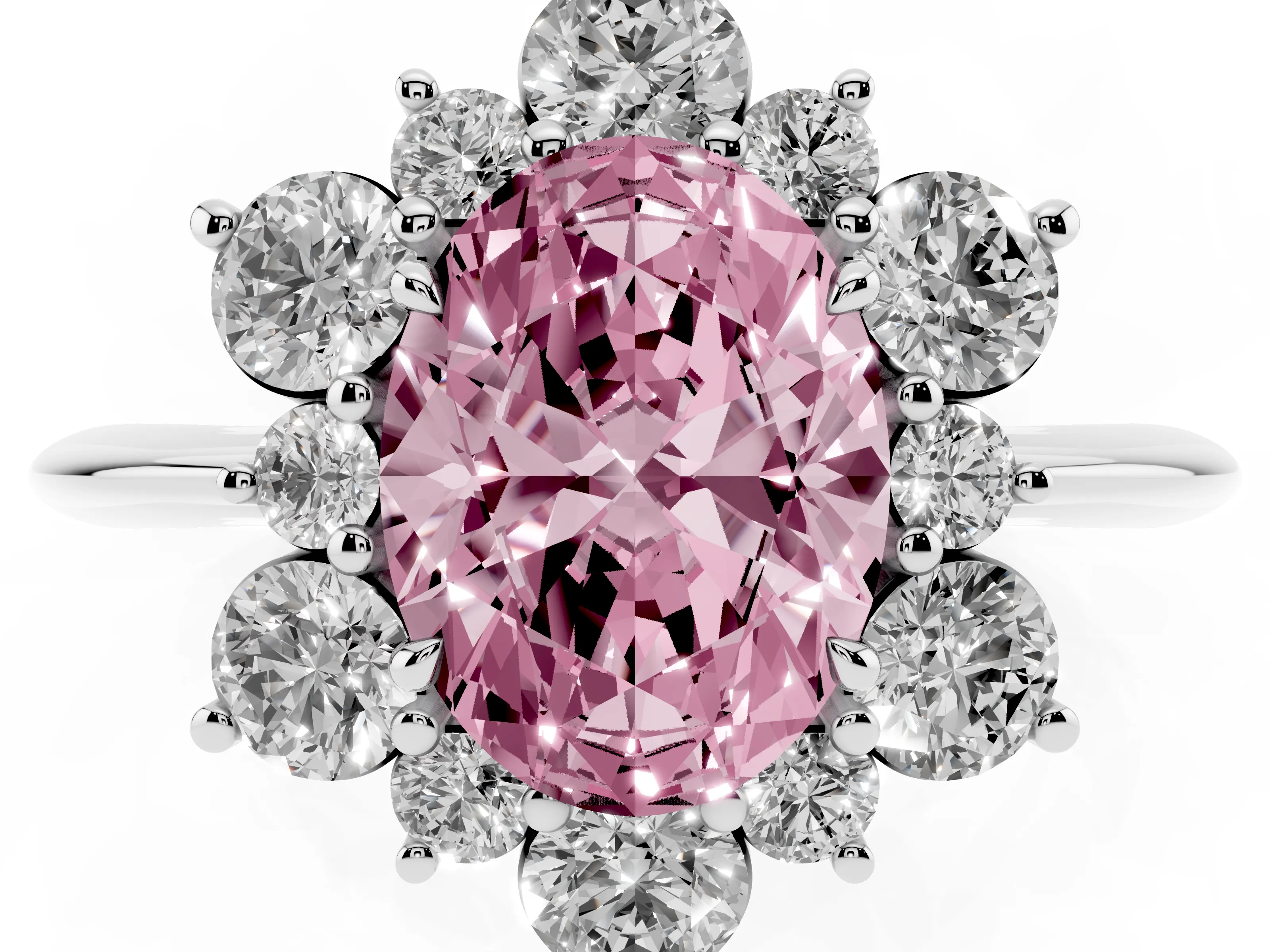 Fancy Pink Oval Cut Diamond Cluster Halo Ring Set in Silver with Solitaire Band and Prong Setting