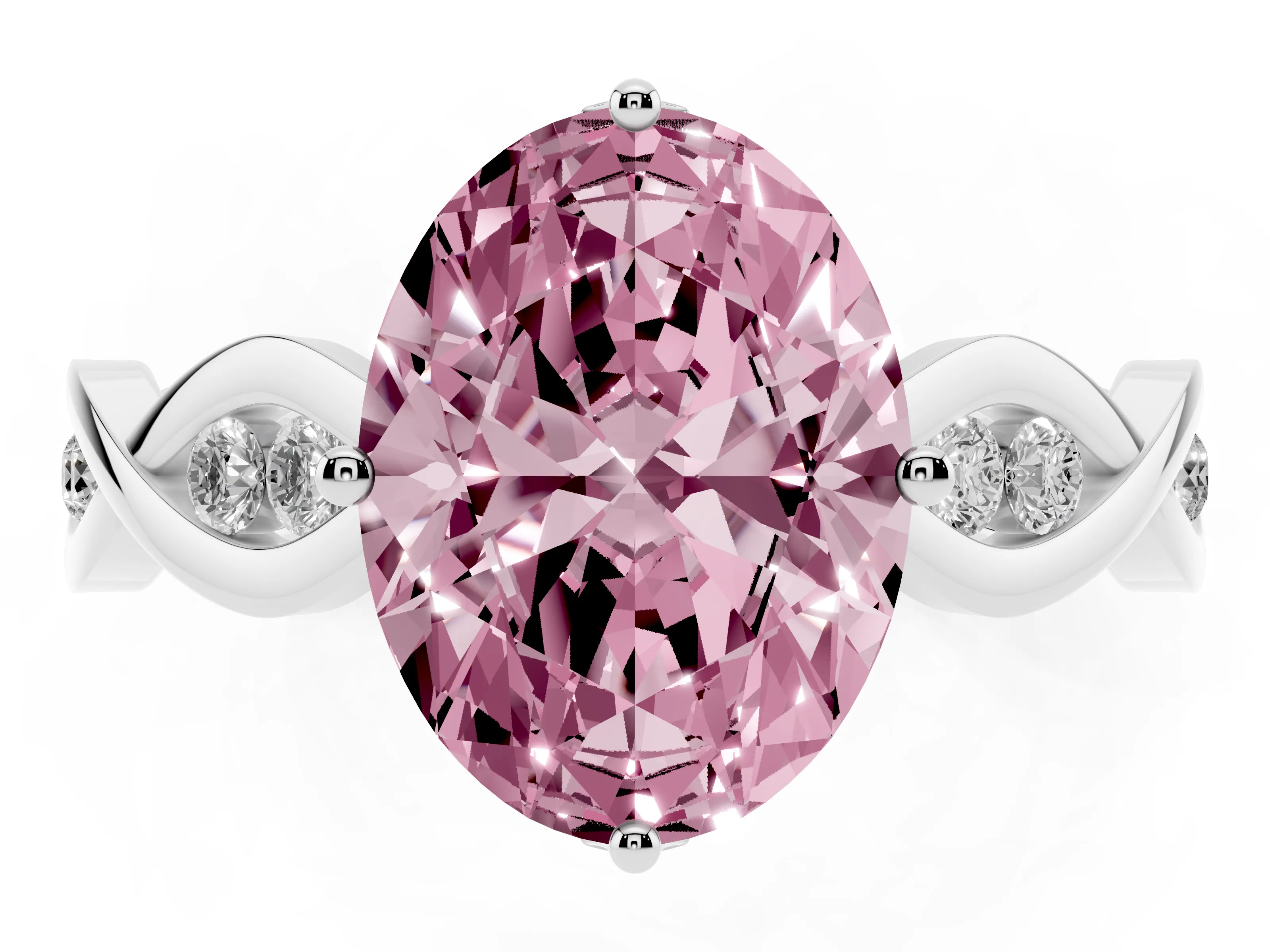 Fancy Pink Oval Cut Diamond Twist Band Solitaire Ring Set in Platinum with Leaf Prong Setting and Accent Stones