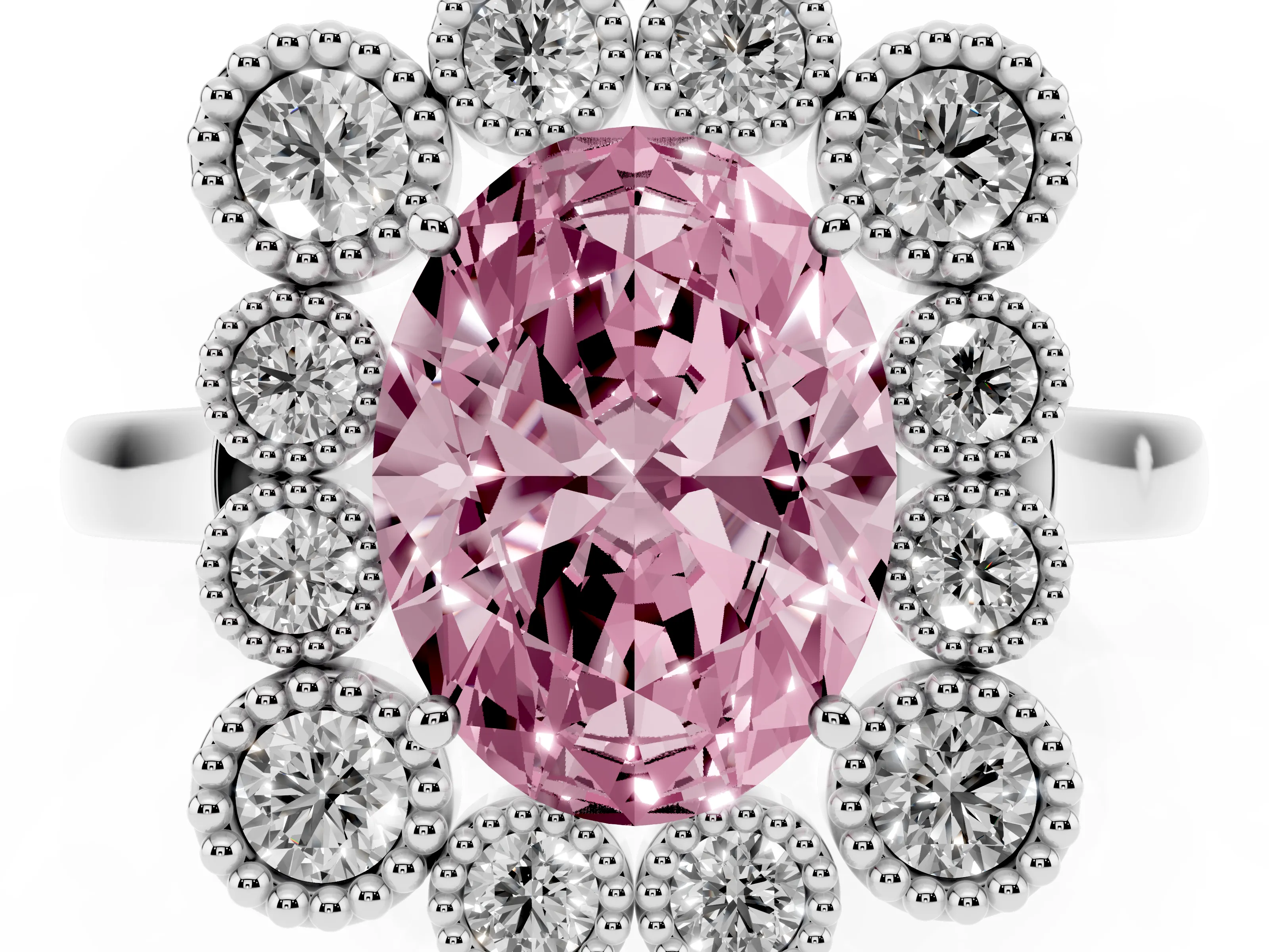 Fancy Pink Oval Cut Diamond Cluster Halo Ring Set in White gold with Milgrain Bezel Accents and Plain Band