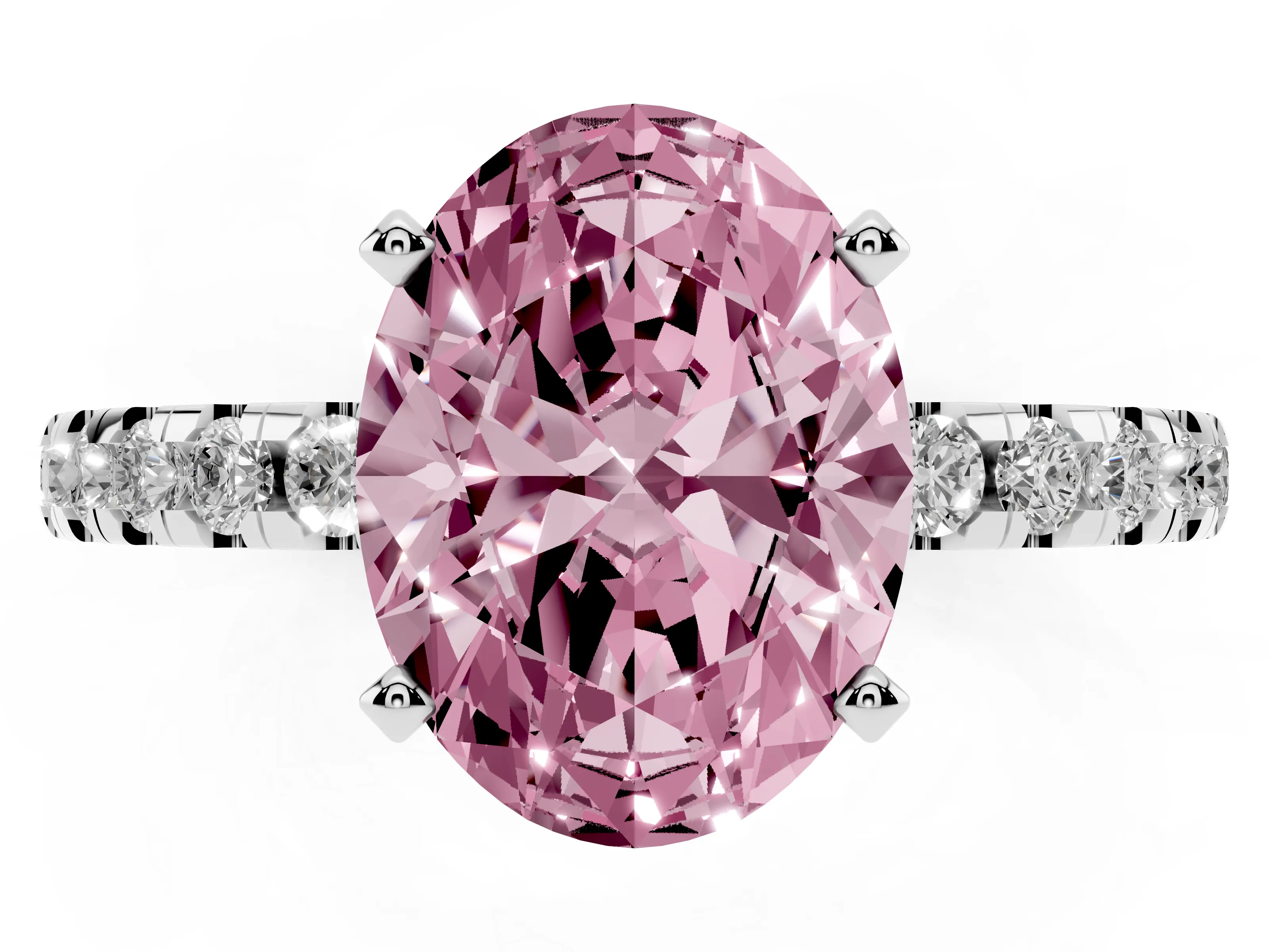 Fancy Pink Oval Cut Diamond Pavé Solitaire Ring Set in Platinum with Round Band Accents and Prong Setting