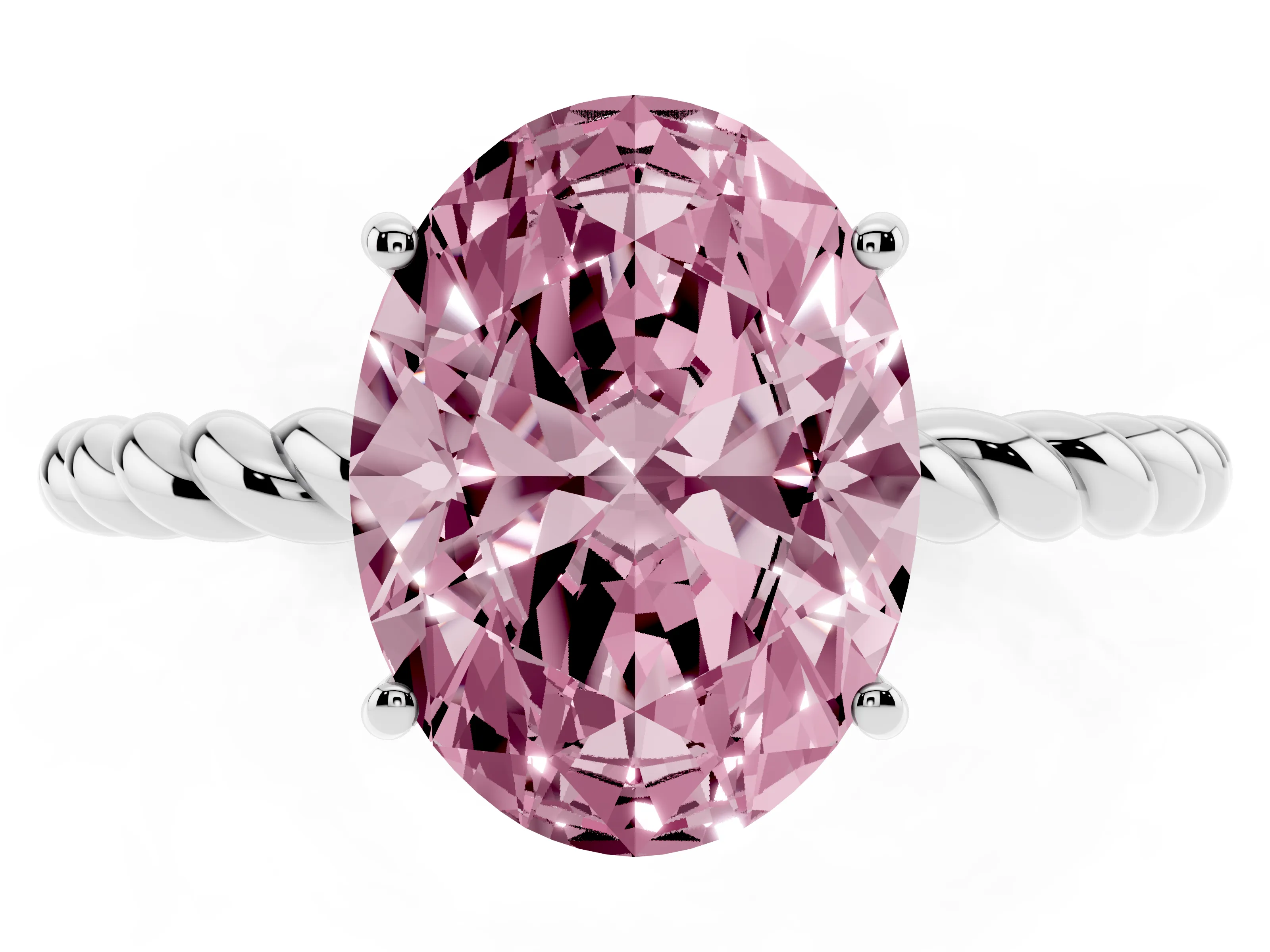 Fancy Pink Oval Cut Diamond Solitaire Twisted Band Ring Set in Silver with Prong Solitaire Setting