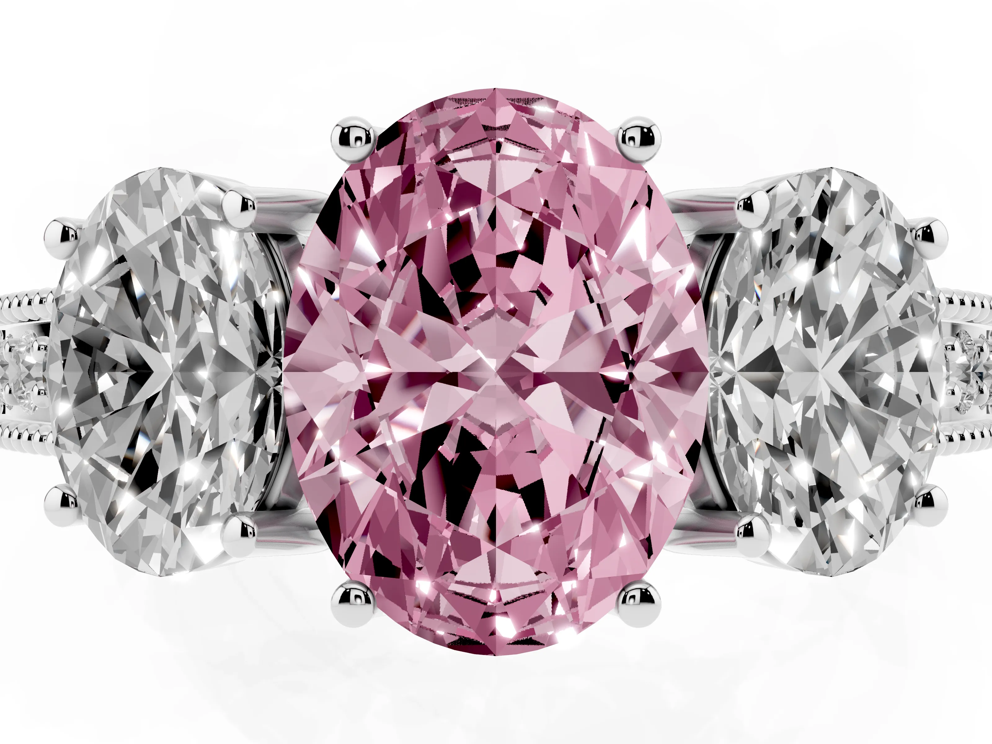 Fancy Pink Oval Cut Diamond Three-Stone Engagement Ring Set in Silver with Milgrain Pavé Band