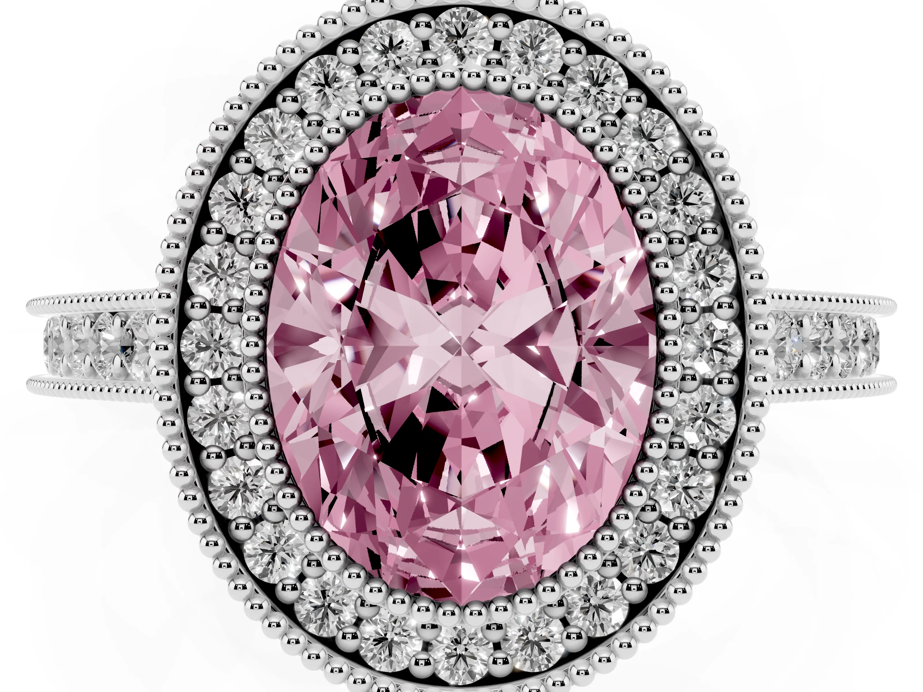 Fancy Pink Oval Cut Diamond Halo Milgrain Pavé Band Ring Set in Silver with Prong Setting