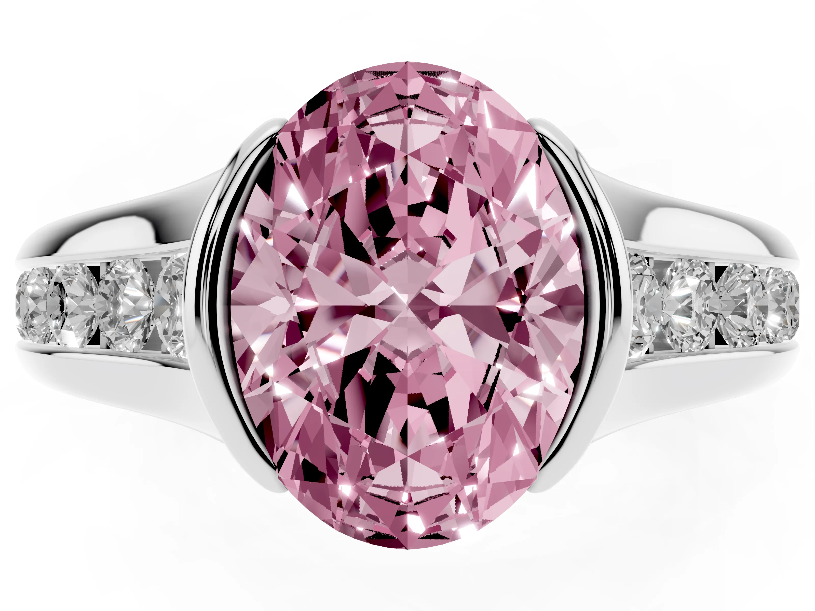 Fancy Pink Oval Cut Diamond Bezel-Set Solitaire Ring Set in Silver with Channel-Set Band