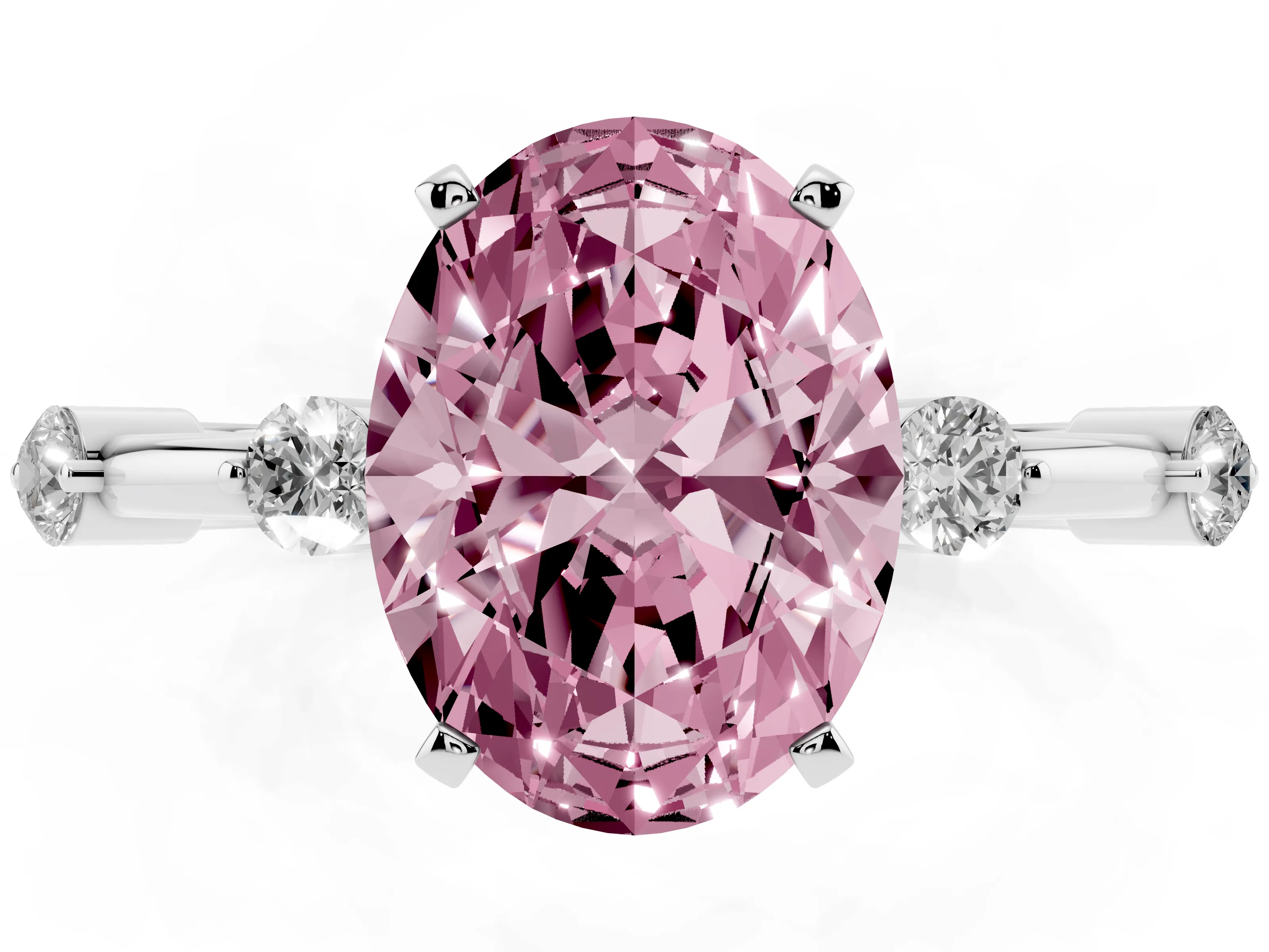 Fancy Pink Oval Cut Diamond Solitaire Ring Set in Silver with Bezel Set Side Stones and Prong Setting