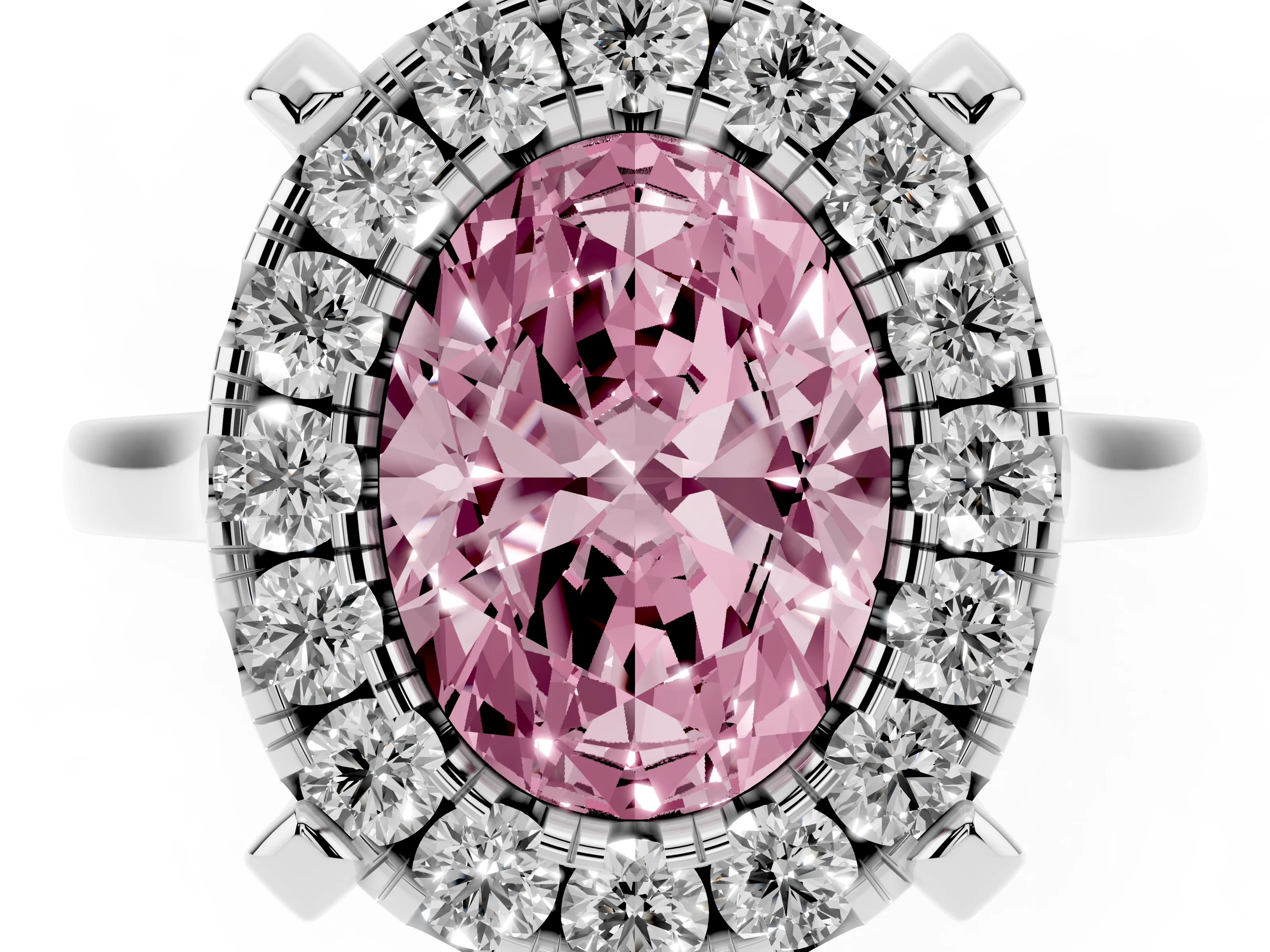 Fancy Pink Oval Cut Diamond Cluster Halo Solitaire Ring Set in Silver with Prong Setting