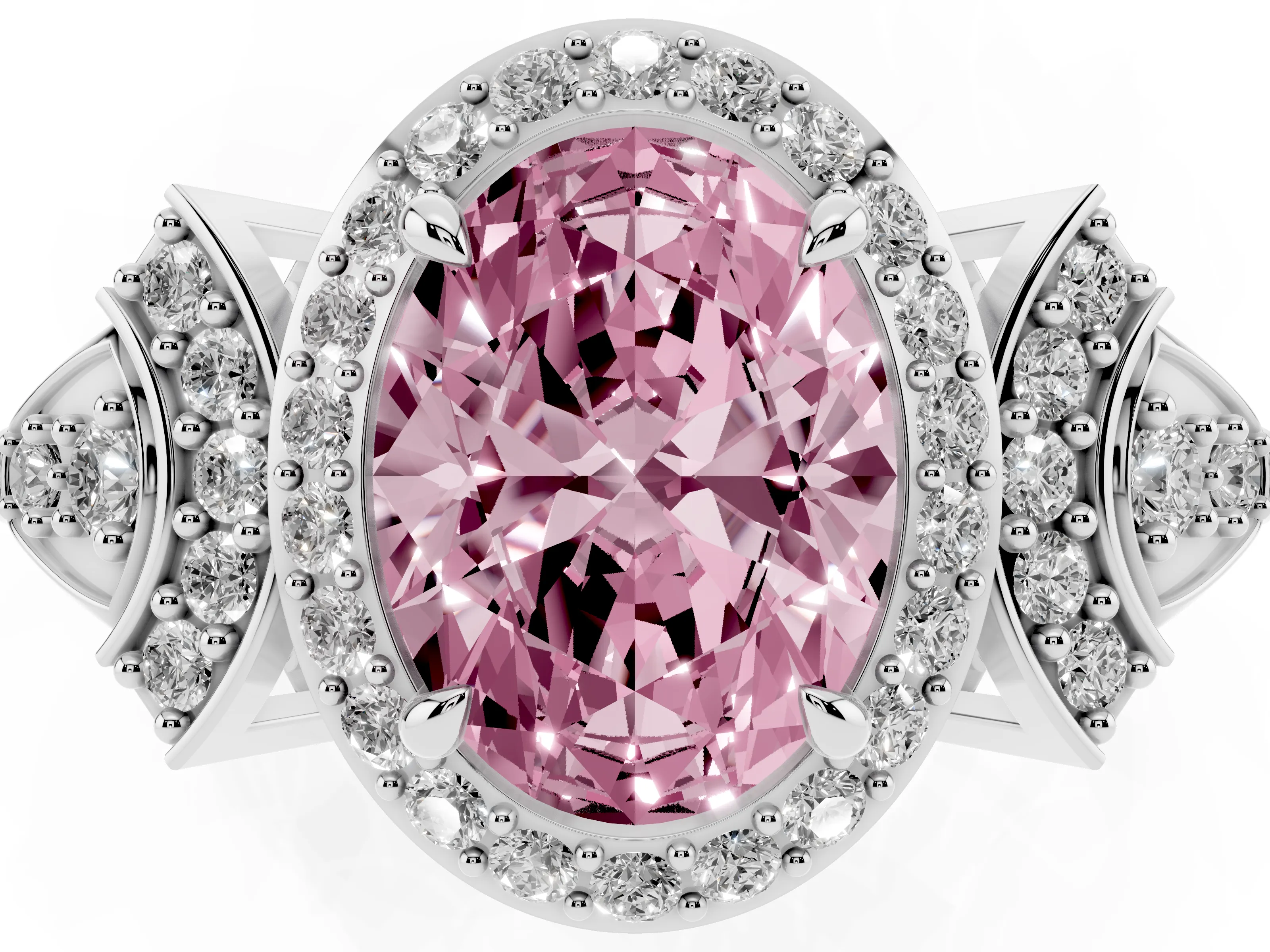 Fancy Pink Oval Cut Diamond Halo Engagement Ring Set in Silver with Accent Stone Split Shank