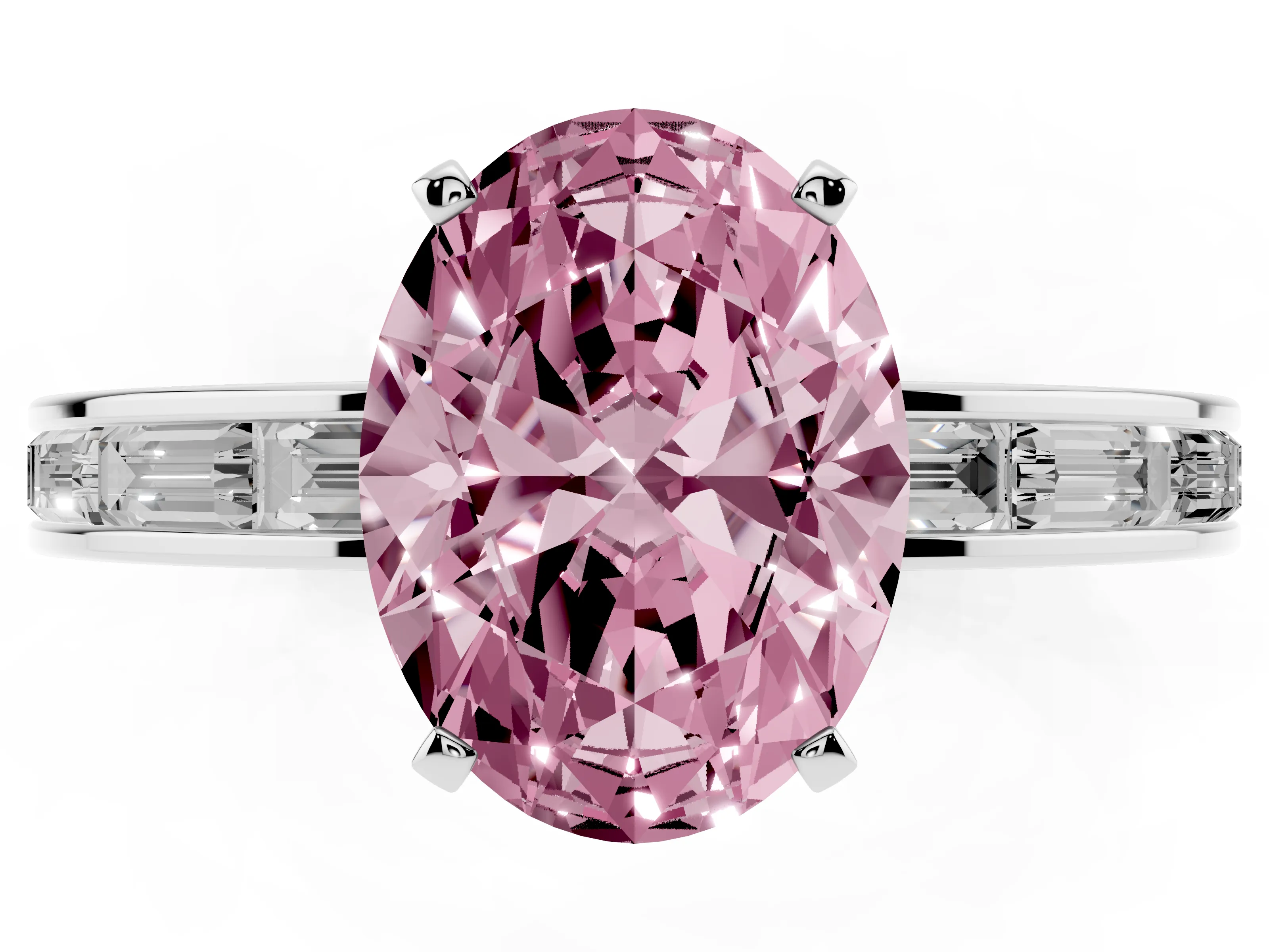 Fancy Pink Oval Cut Diamond Solitaire Ring Set in Platinum with Channel-Set Baguette Band and Prong Setting