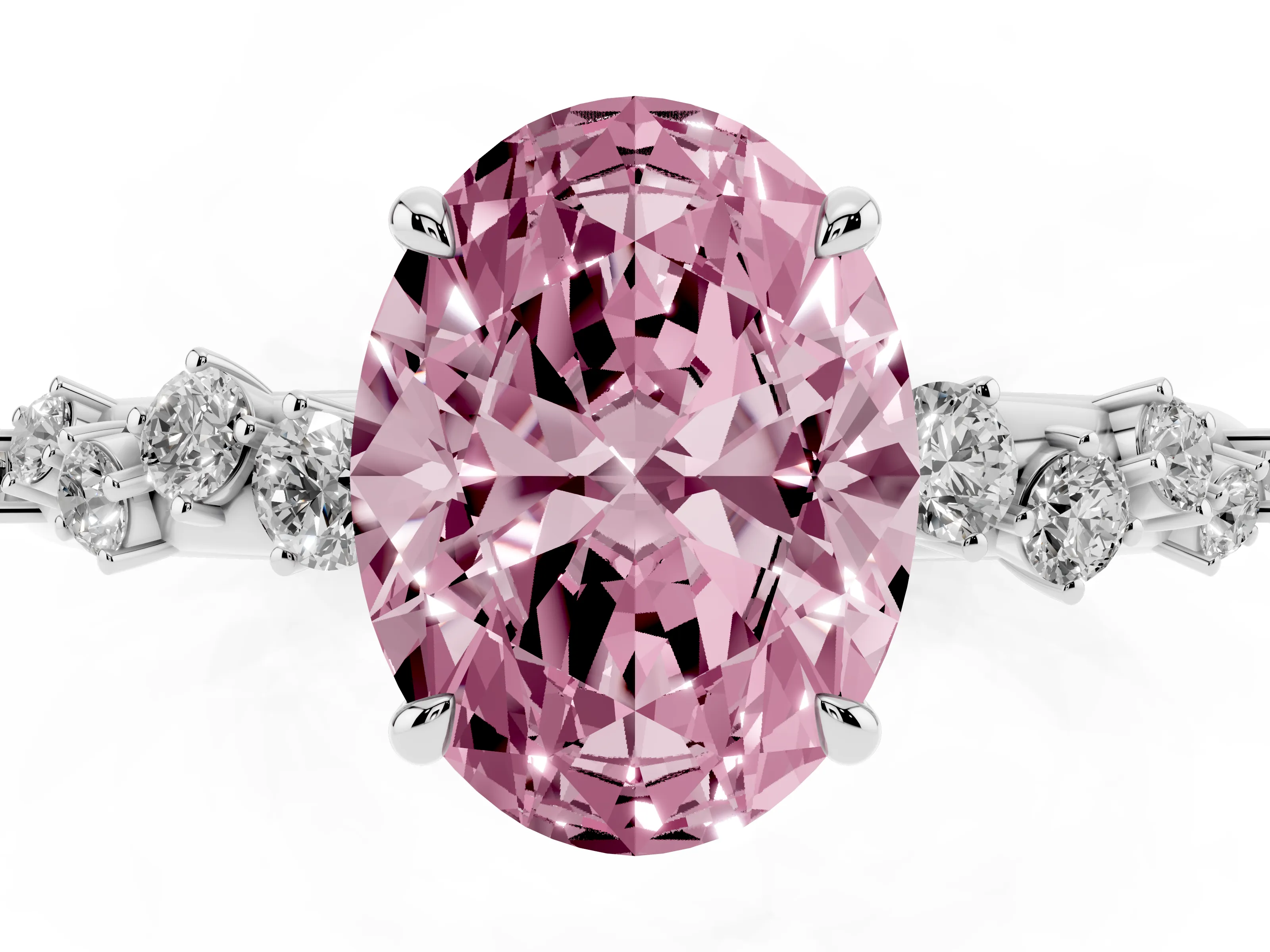 Fancy Pink Oval Cut Diamond Cluster Solitaire Ring Set in White gold with Prong Setting